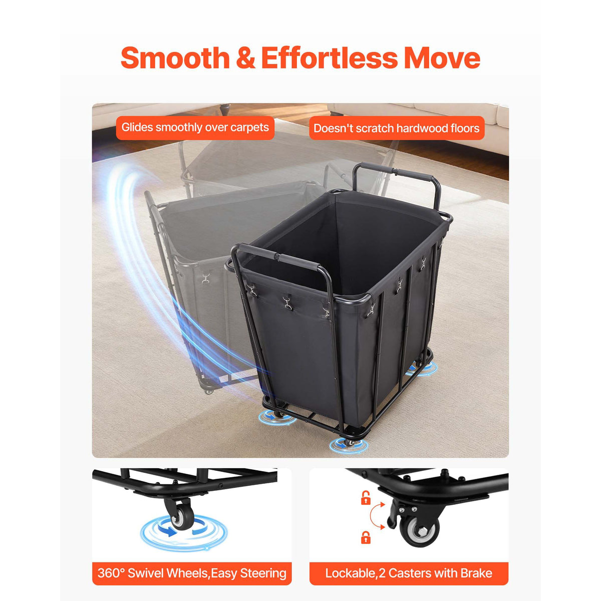 Laundry Cart, Rolling Grocery Utility Cart with Waterproof Liner & Swivel Wheels, 118 KG Large Load Capacity, Heavy Duty Shopping Basket for Laundry, Shopping, Camping, Grocery, Luggage, Black