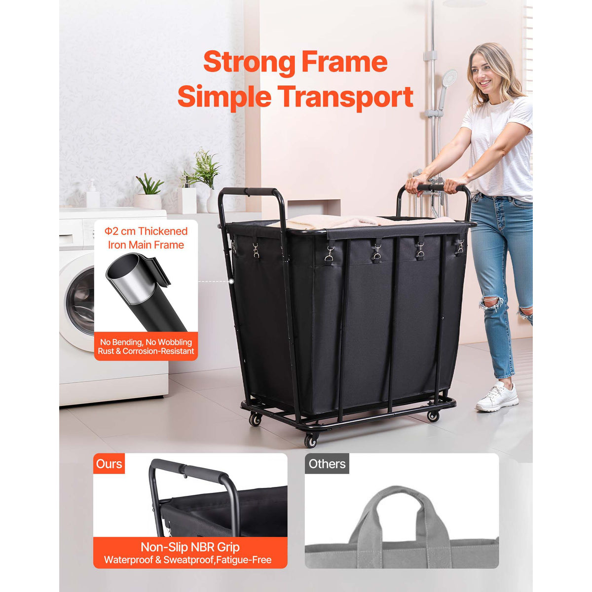 Laundry Cart, Rolling Grocery Utility Cart with Waterproof Liner & Swivel Wheels, 118 KG Large Load Capacity, Heavy Duty Shopping Basket for Laundry, Shopping, Camping, Grocery, Luggage, Black