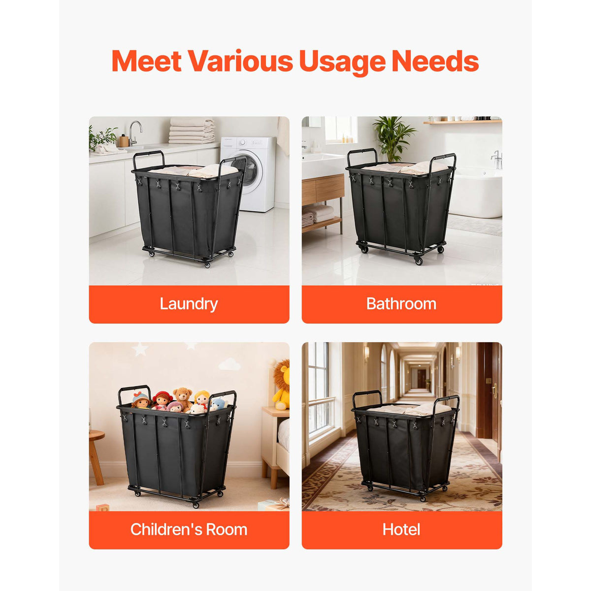 Laundry Cart, Rolling Grocery Utility Cart with Waterproof Liner & Swivel Wheels, 118 KG Large Load Capacity, Heavy Duty Shopping Basket for Laundry, Shopping, Camping, Grocery, Luggage, Black