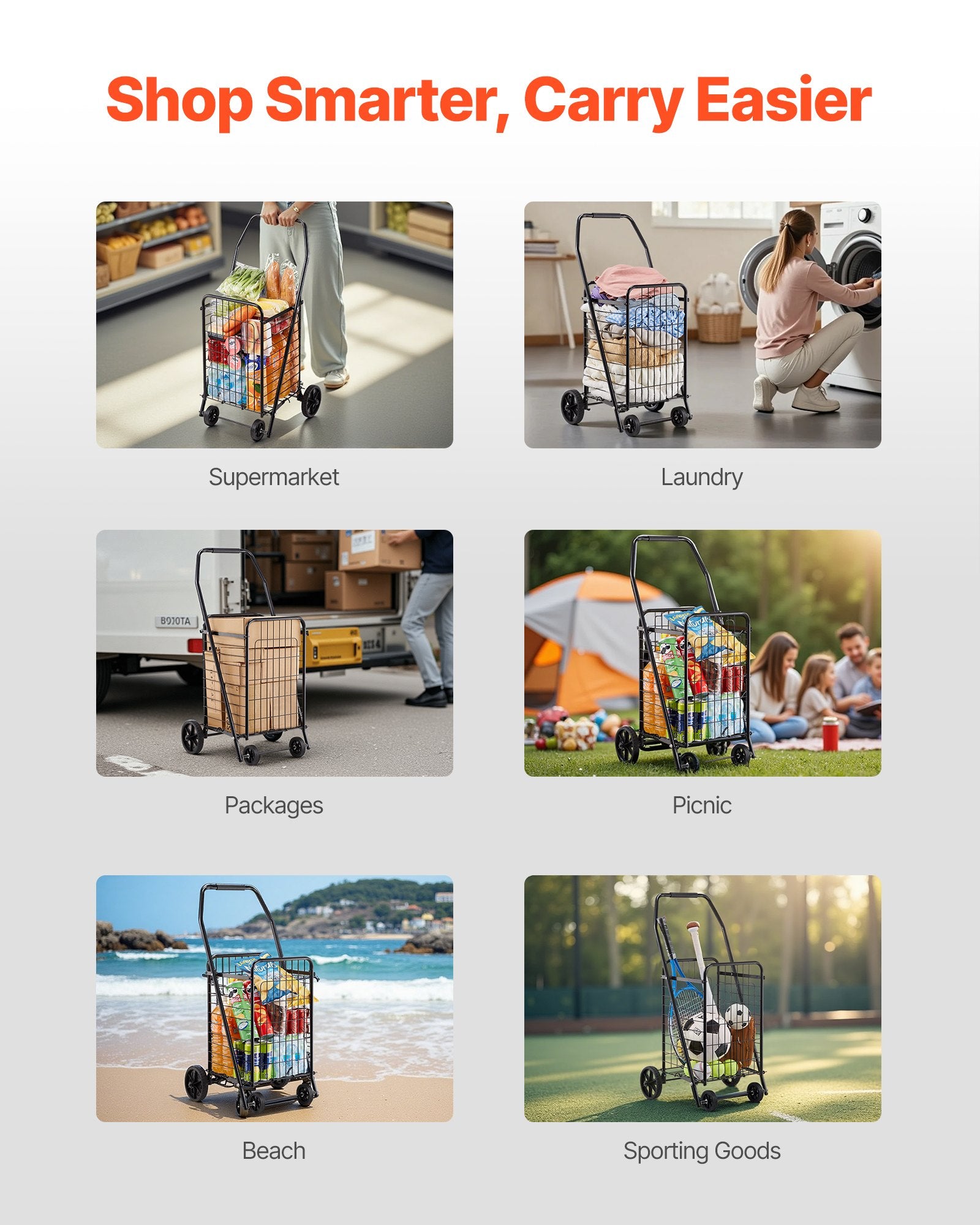 Cat Scratchers: VEVOR Shopping Cart, Folding Grocery Utility Cart with Swivel Wheels, 40.8 kg Large Load Capacity, Heavy Duty Rolling Laundry Basket Butler for Laundry, Shopping, Camping, Grocery, Luggage, Black