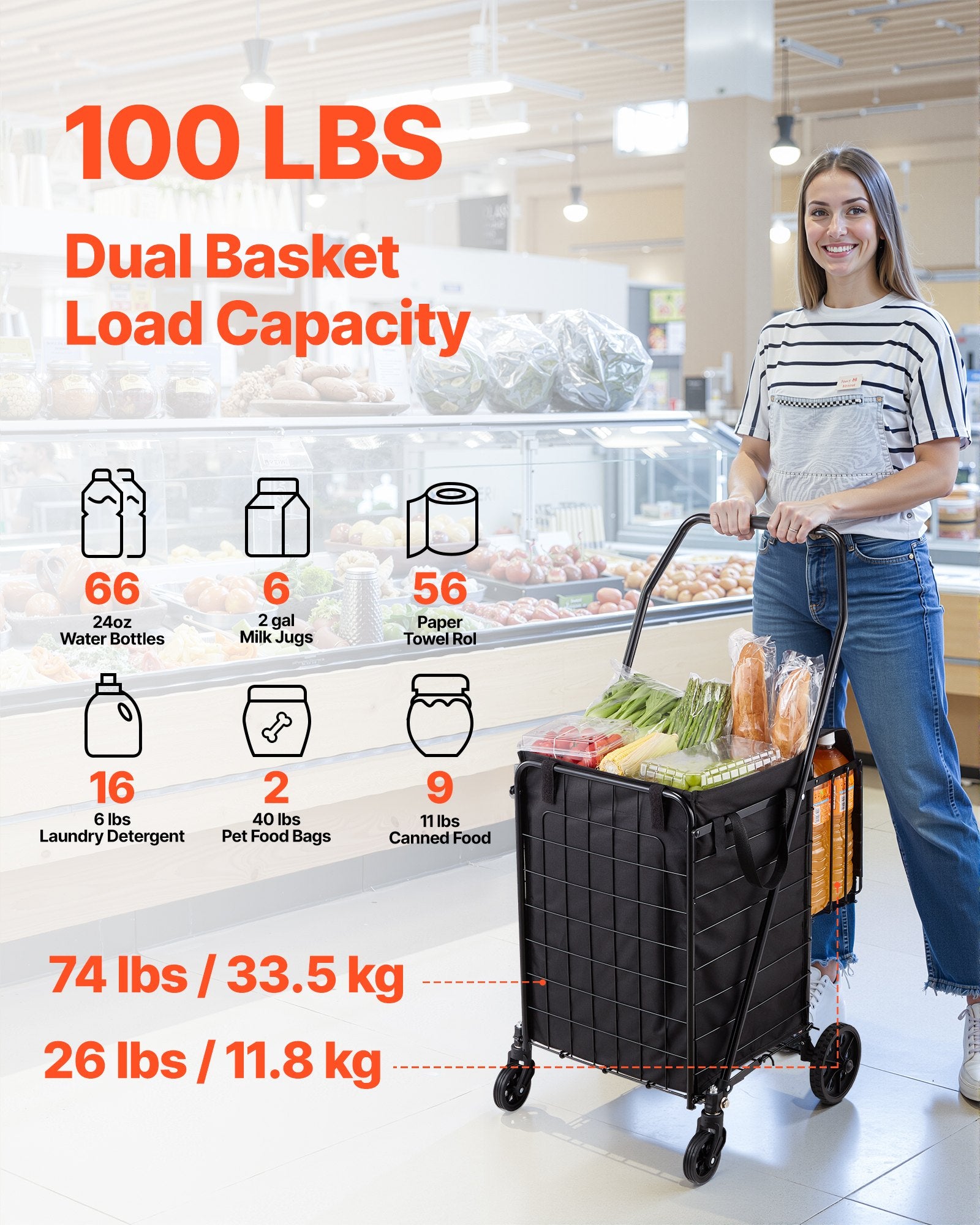 Cat Scratchers: VEVOR Shopping Cart, Folding Grocery Utility Cart with Dual Baskets, Waterproof Liner & Wheels, 45 KG Large Load Capacity, Heavy Duty Laundry Basket for Laundry, Shopping, Camping, Grocery, Luggage