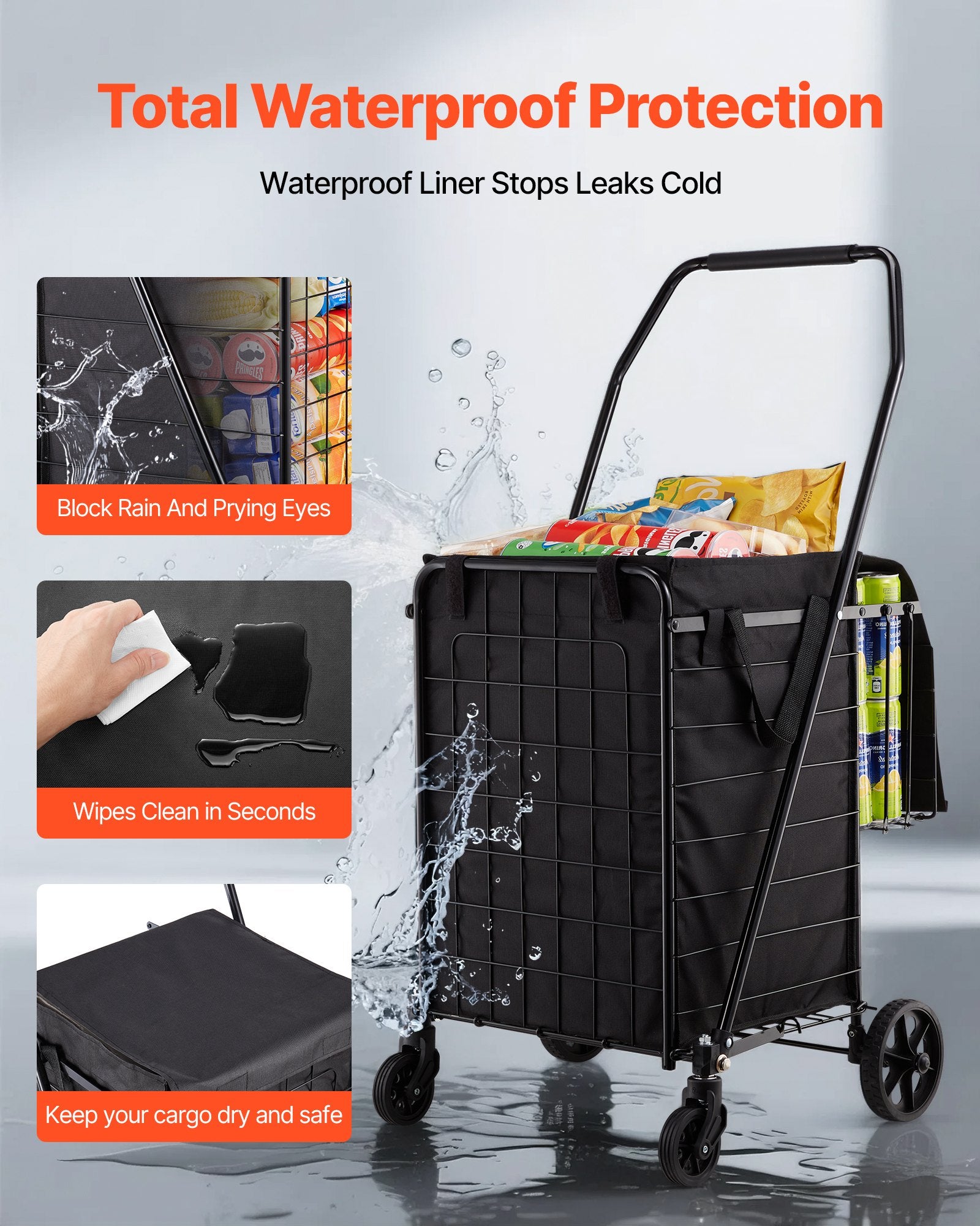 Cat Scratchers: VEVOR Shopping Cart, Folding Grocery Utility Cart with Dual Baskets, Waterproof Liner & Wheels, 45 KG Large Load Capacity, Heavy Duty Laundry Basket for Laundry, Shopping, Camping, Grocery, Luggage