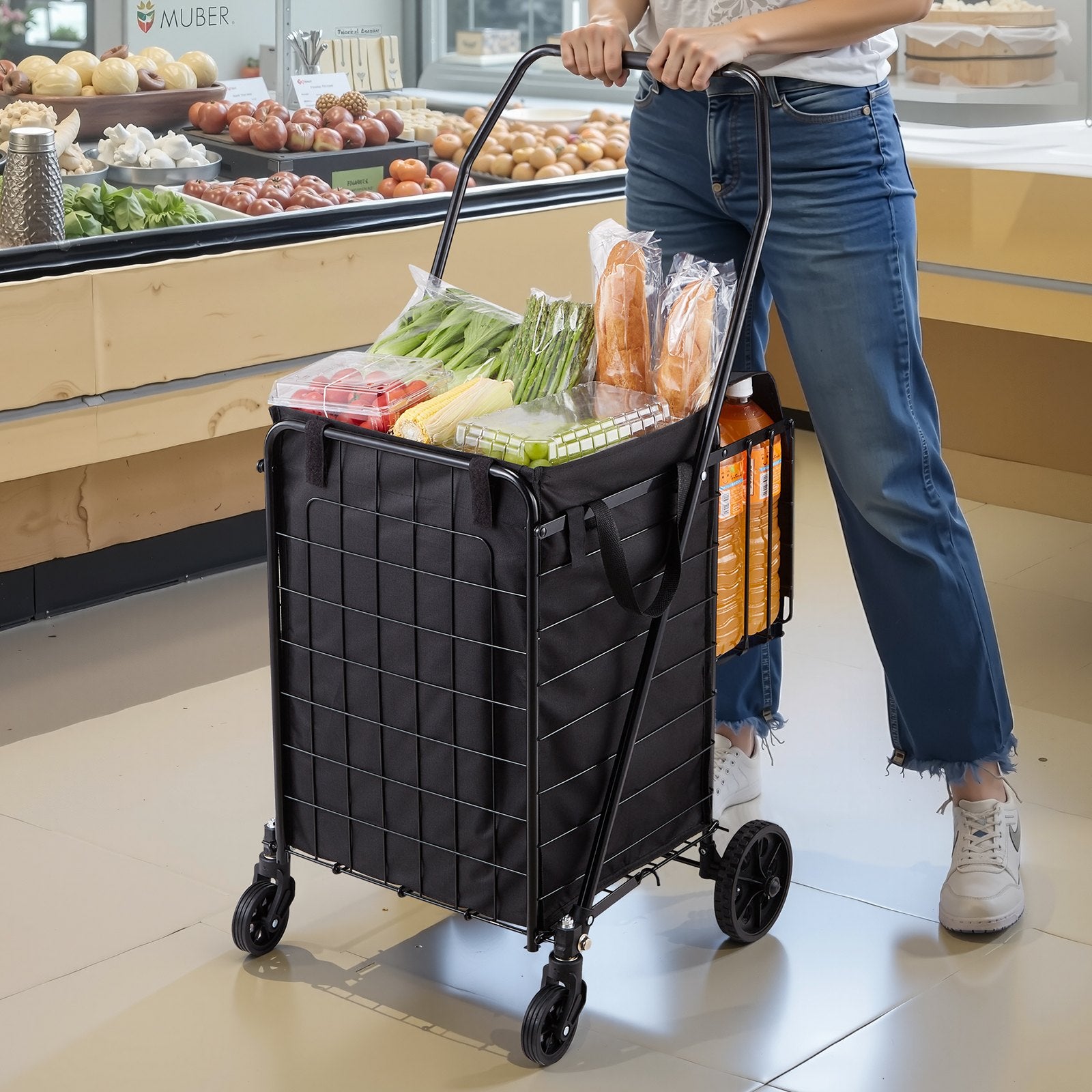 Cat Scratchers: VEVOR Shopping Cart, Folding Grocery Utility Cart with Dual Baskets, Waterproof Liner & Wheels, 45 KG Large Load Capacity, Heavy Duty Laundry Basket for Laundry, Shopping, Camping, Grocery, Luggage