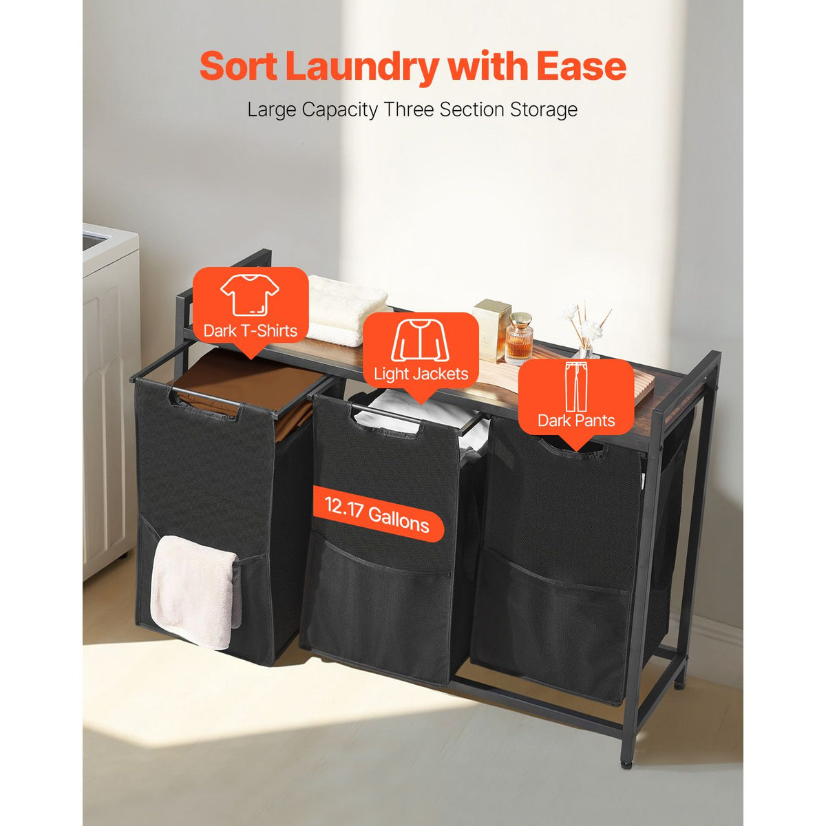 3 Section Laundry Sorter, Large Laundry Hamper with Metal Frame and Wooden Tabletop, Freestanding Storage Organizer Baskets with Pull-Out 600D Oxford Cloth Bags for Dirty Clothes, Bathroom