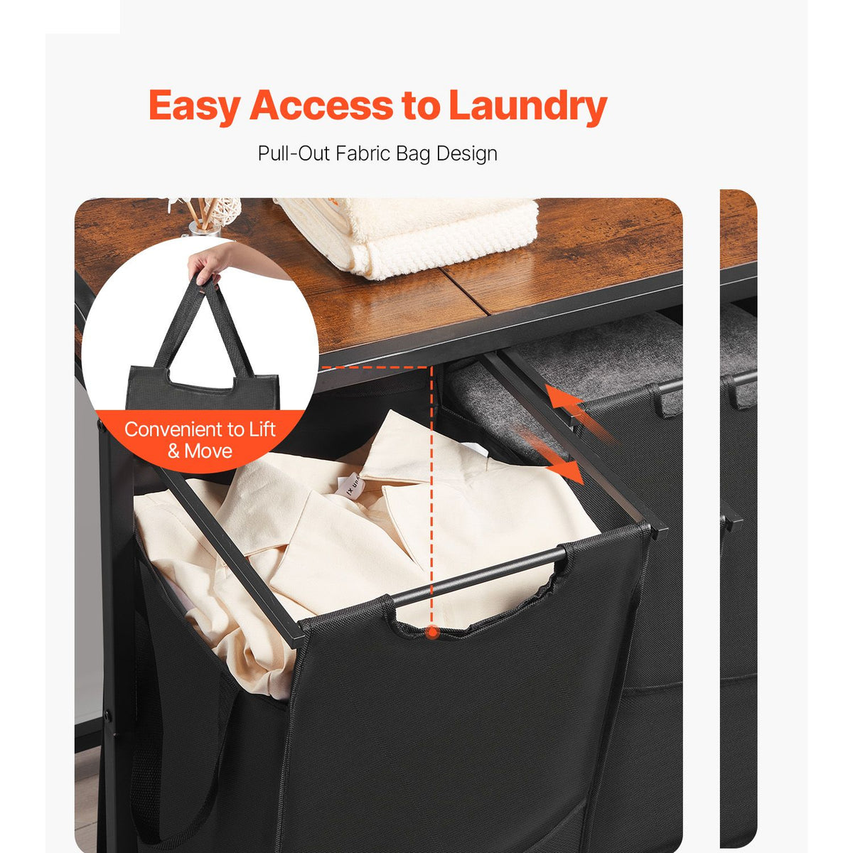 3 Section Laundry Sorter, Large Laundry Hamper with Metal Frame and Wooden Tabletop, Freestanding Storage Organizer Baskets with Pull-Out 600D Oxford Cloth Bags for Dirty Clothes, Bathroom