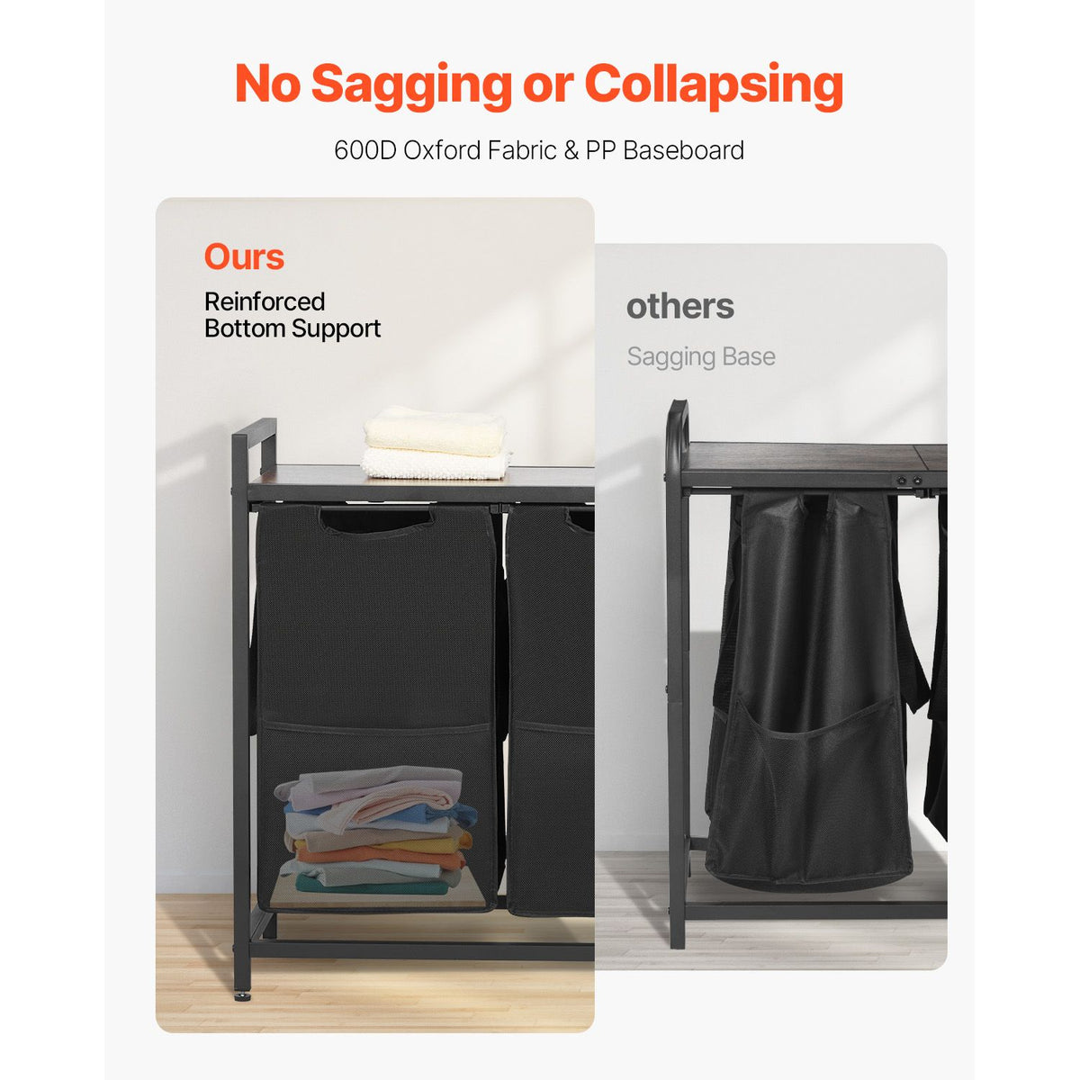 3 Section Laundry Sorter, Large Laundry Hamper with Metal Frame and Wooden Tabletop, Freestanding Storage Organizer Baskets with Pull-Out 600D Oxford Cloth Bags for Dirty Clothes, Bathroom