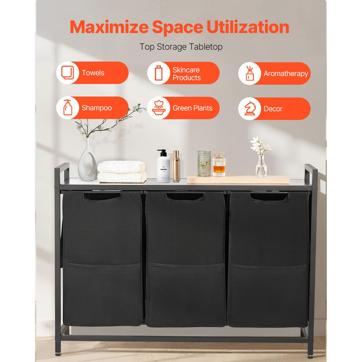3 Section Laundry Sorter, Large Laundry Hamper with Metal Frame and Wooden Tabletop, Freestanding Storage Organizer Baskets with Pull-Out 600D Oxford Cloth Bags for Dirty Clothes, Bathroom