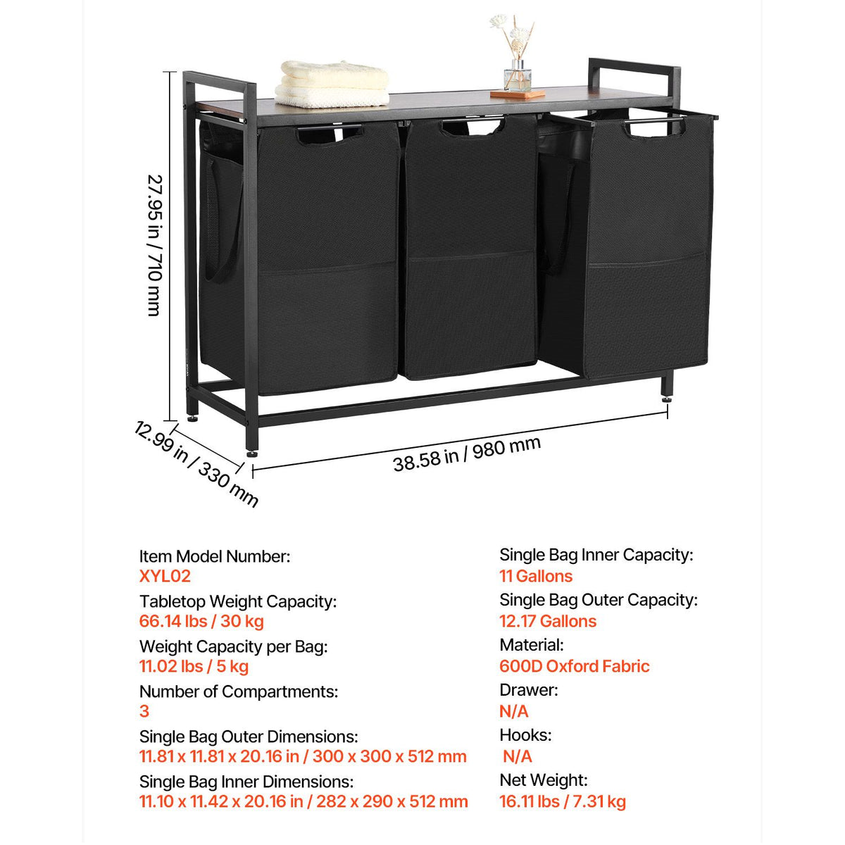 3 Section Laundry Sorter, Large Laundry Hamper with Metal Frame and Wooden Tabletop, Freestanding Storage Organizer Baskets with Pull-Out 600D Oxford Cloth Bags for Dirty Clothes, Bathroom
