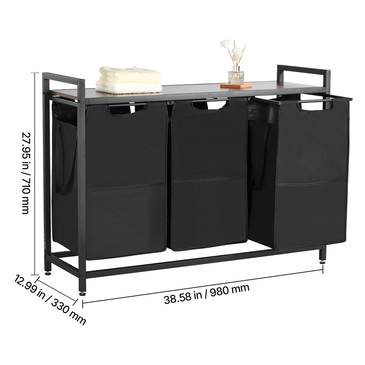 3 Section Laundry Sorter, Large Laundry Hamper with Metal Frame and Wooden Tabletop, Freestanding Storage Organizer Baskets with Pull-Out 600D Oxford Cloth Bags for Dirty Clothes, Bathroom