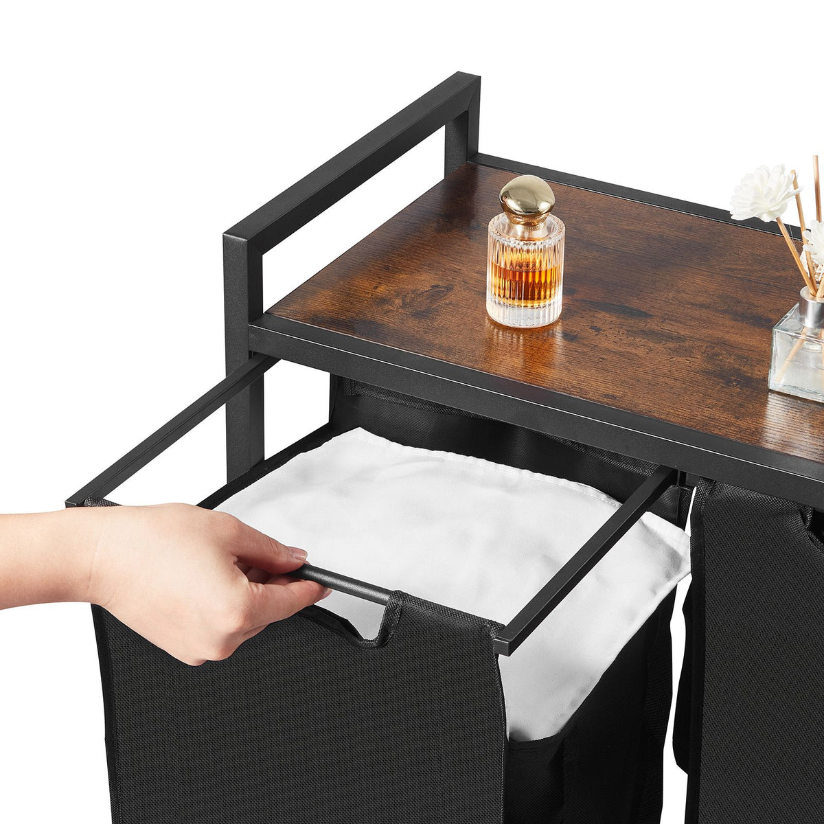 3 Section Laundry Sorter, Large Laundry Hamper with Metal Frame and Wooden Tabletop, Freestanding Storage Organizer Baskets with Pull-Out 600D Oxford Cloth Bags for Dirty Clothes, Bathroom