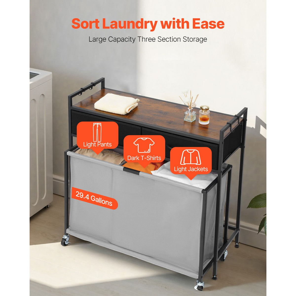 3 Section Laundry Sorter, Rolling Laundry Hamper with 2 Drawers, Hooks & Wheels, Rolling Basket Organizer Storage with Pull-Out Rolling Bags and Wooden Tabletop for Dirty Clothes, Bathroom