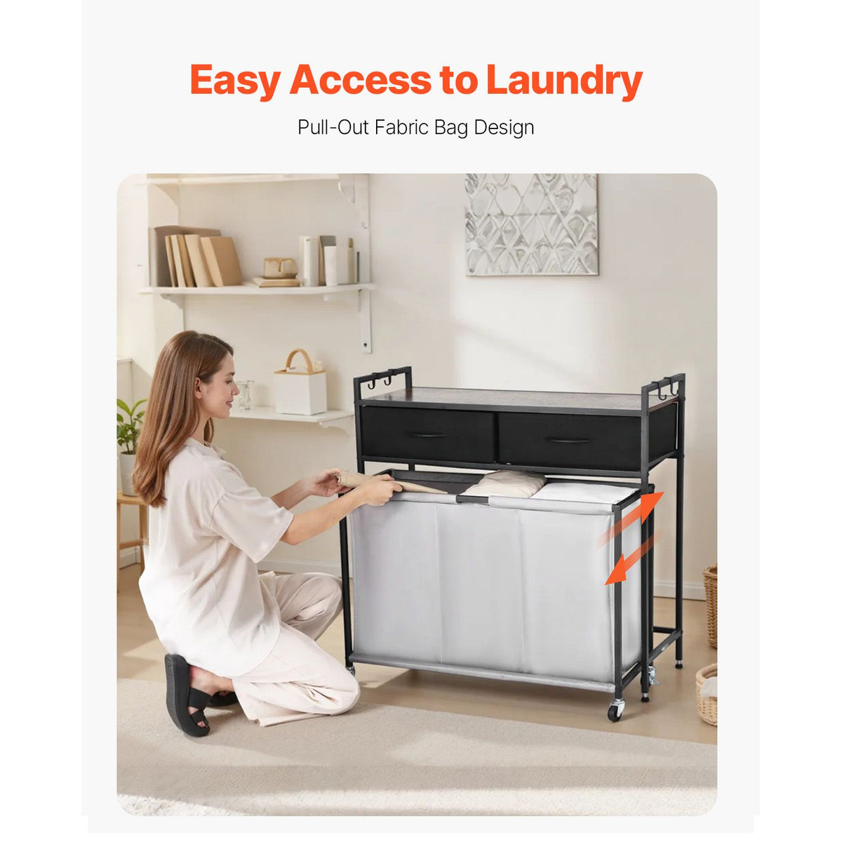 3 Section Laundry Sorter, Rolling Laundry Hamper with 2 Drawers, Hooks & Wheels, Rolling Basket Organizer Storage with Pull-Out Rolling Bags and Wooden Tabletop for Dirty Clothes, Bathroom