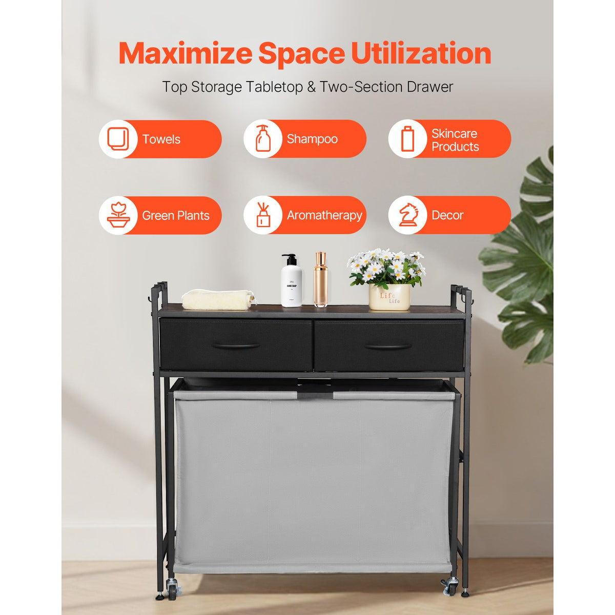 3 Section Laundry Sorter, Rolling Laundry Hamper with 2 Drawers, Hooks & Wheels, Rolling Basket Organizer Storage with Pull-Out Rolling Bags and Wooden Tabletop for Dirty Clothes, Bathroom