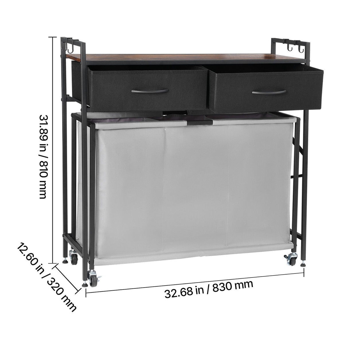 3 Section Laundry Sorter, Rolling Laundry Hamper with 2 Drawers, Hooks & Wheels, Rolling Basket Organizer Storage with Pull-Out Rolling Bags and Wooden Tabletop for Dirty Clothes, Bathroom