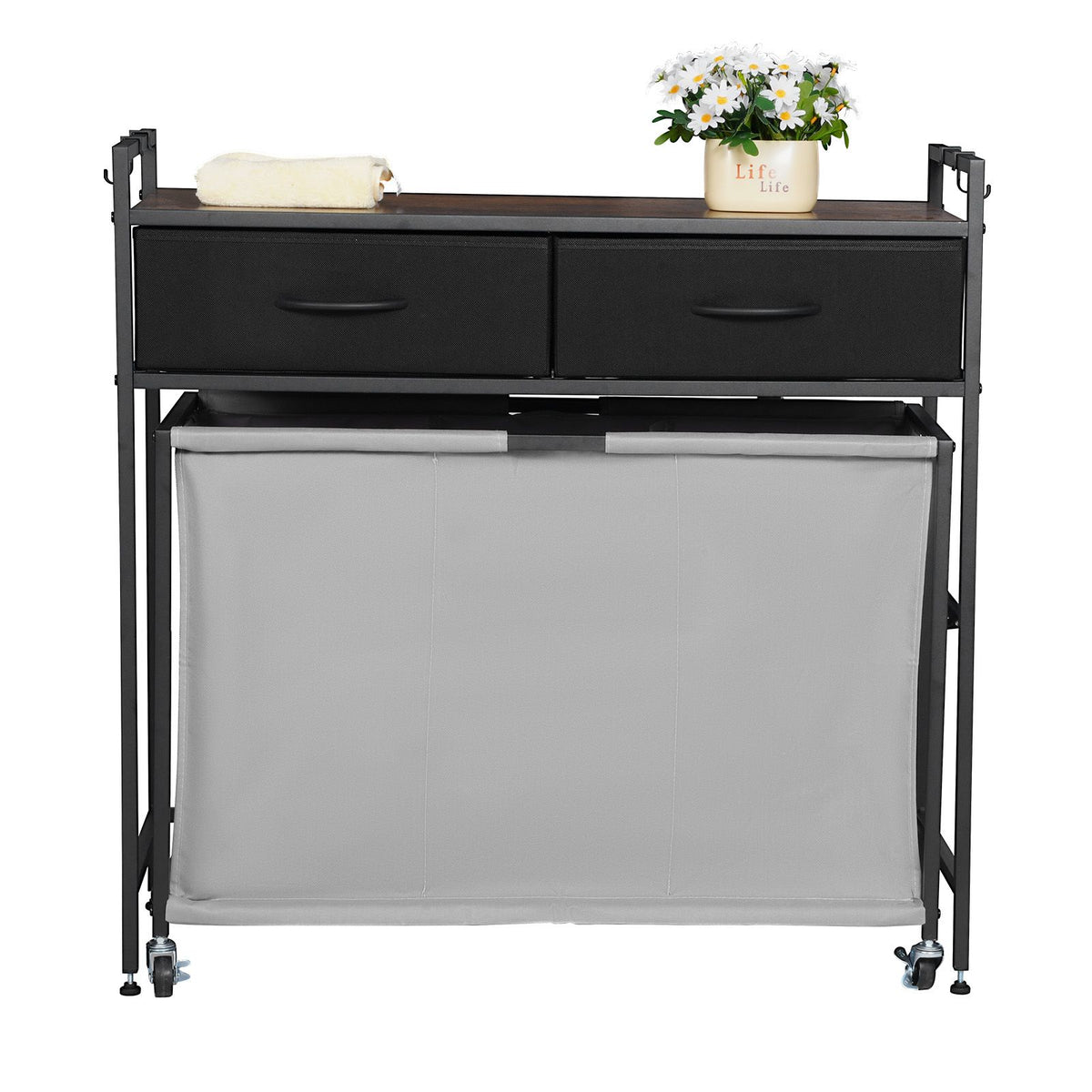 3 Section Laundry Sorter, Rolling Laundry Hamper with 2 Drawers, Hooks & Wheels, Rolling Basket Organizer Storage with Pull-Out Rolling Bags and Wooden Tabletop for Dirty Clothes, Bathroom