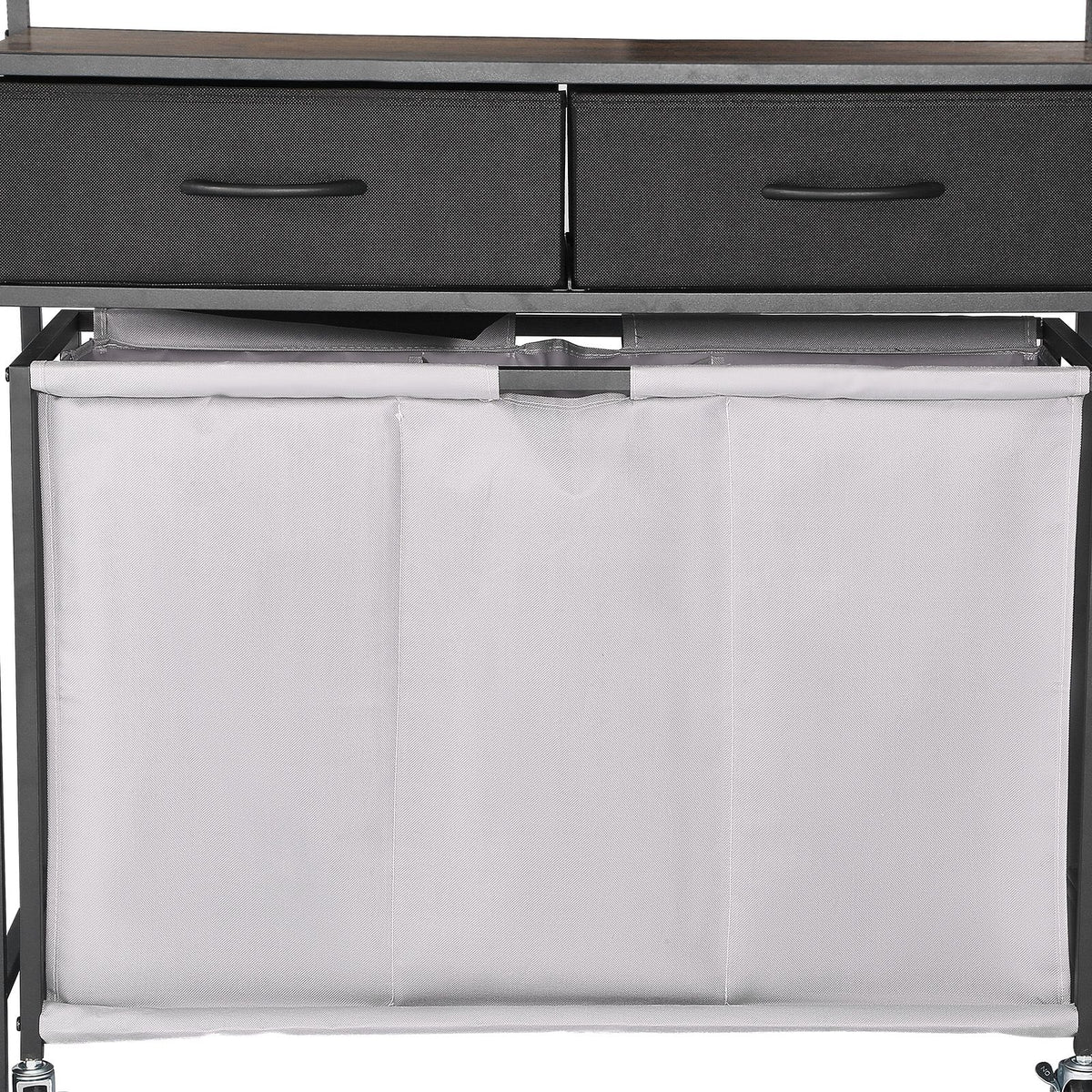 3 Section Laundry Sorter, Rolling Laundry Hamper with 2 Drawers, Hooks & Wheels, Rolling Basket Organizer Storage with Pull-Out Rolling Bags and Wooden Tabletop for Dirty Clothes, Bathroom