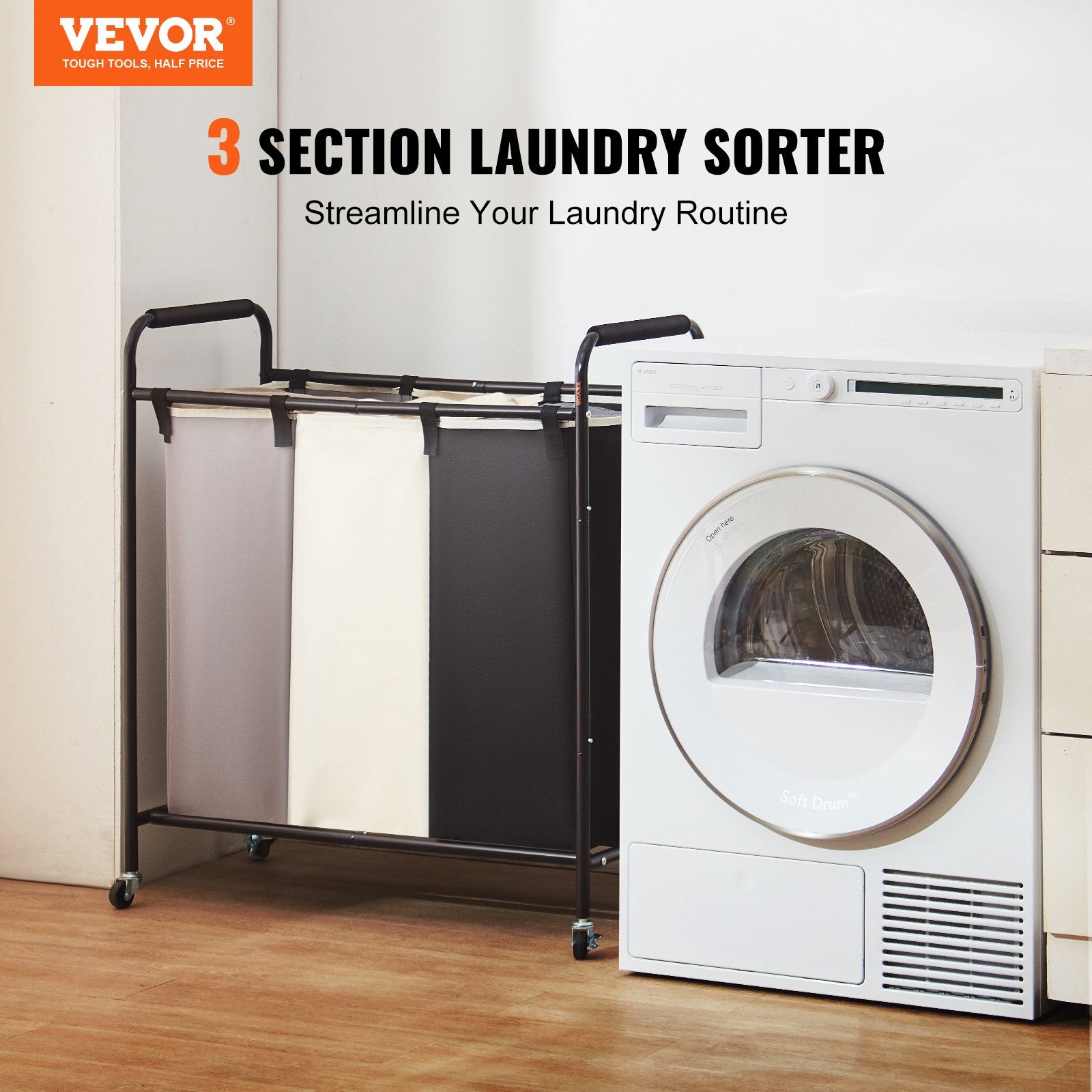 Laundry Storage: VEVOR 3-Section Laundry Basket, Heavy Duty Laundry Hamper Storage Organizer, Laundry Sorter Cart with Heavy Duty Lockable Wheels for Dirty Clothes in Laundry Room Bedroom