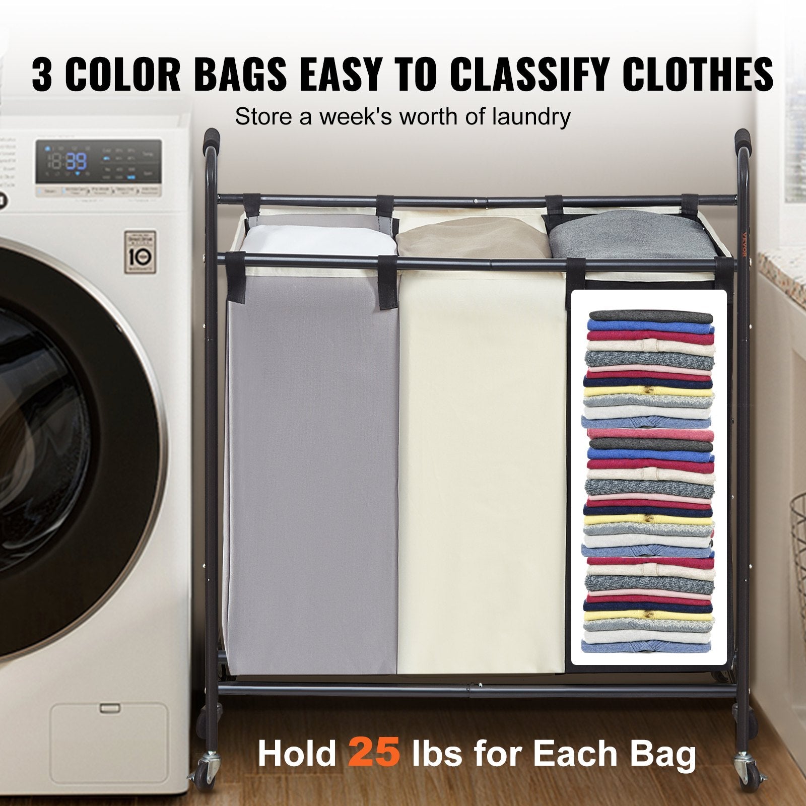 Laundry Storage: VEVOR 3-Section Laundry Basket, Heavy Duty Laundry Hamper Storage Organizer, Laundry Sorter Cart with Heavy Duty Lockable Wheels for Dirty Clothes in Laundry Room Bedroom