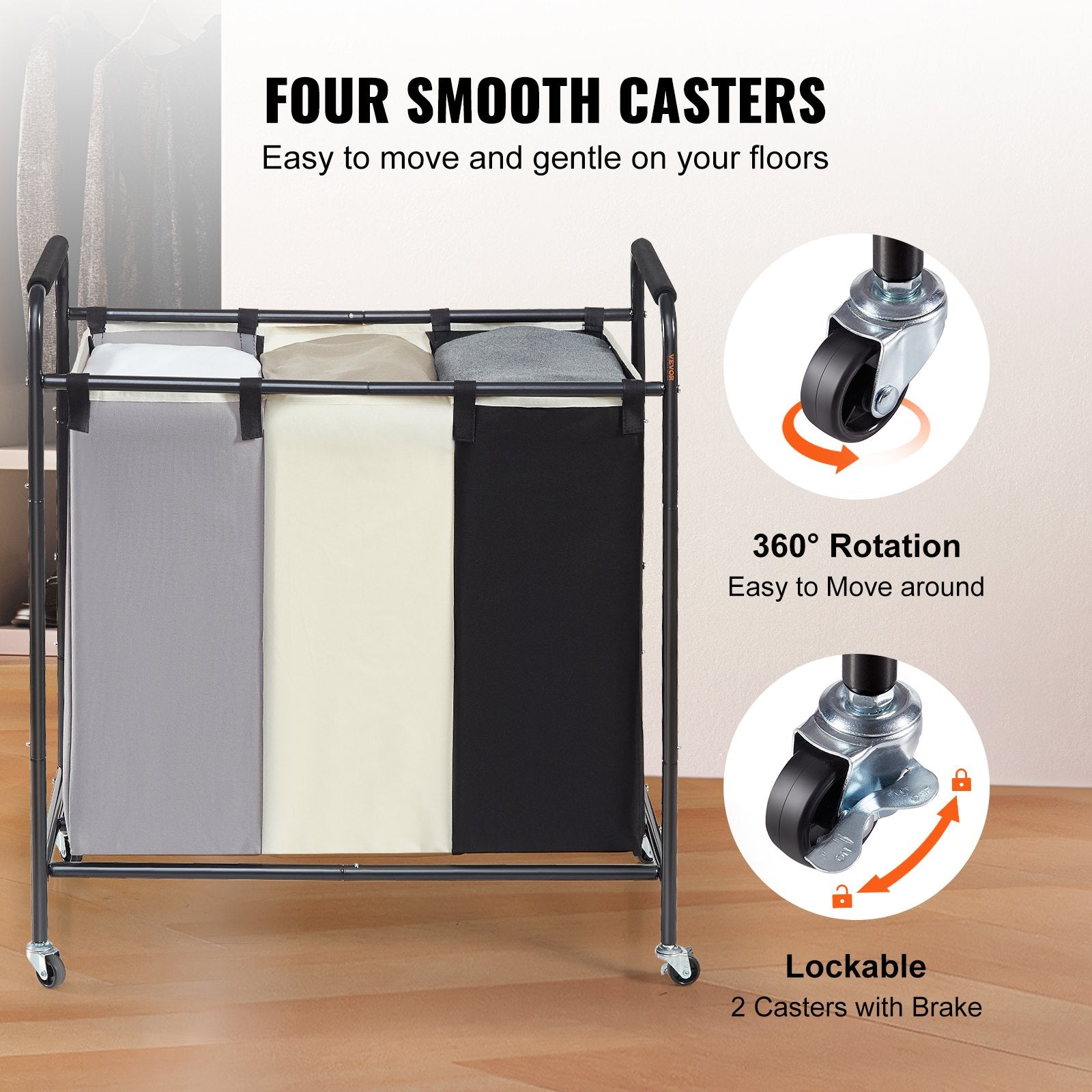 Laundry Storage: VEVOR 3-Section Laundry Basket, Heavy Duty Laundry Hamper Storage Organizer, Laundry Sorter Cart with Heavy Duty Lockable Wheels for Dirty Clothes in Laundry Room Bedroom