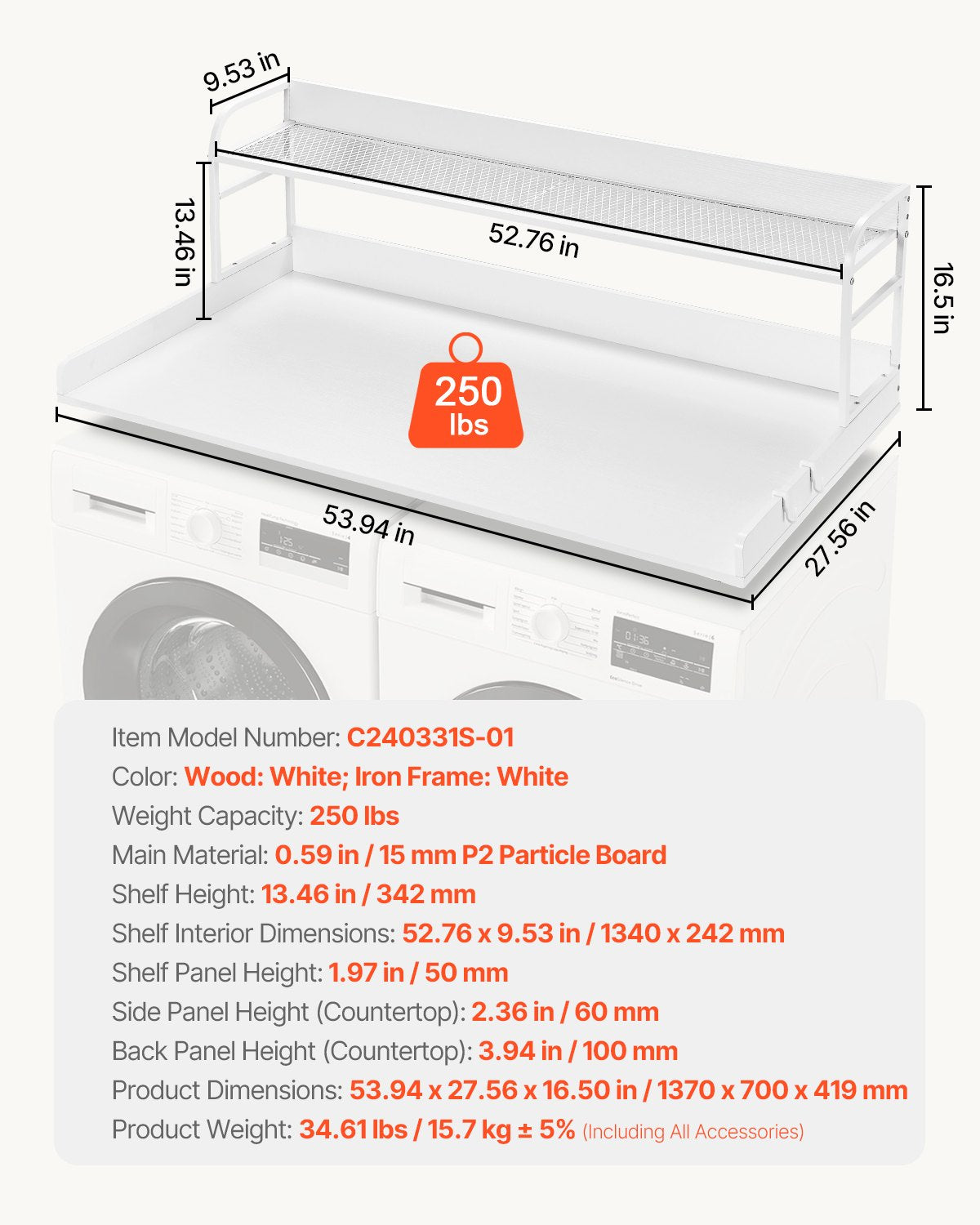 Table Linen & Kitchen Towels: VEVOR Washer Dryer Countertop with Shelf 54"x27" Wooden Washer Dryer Cover White