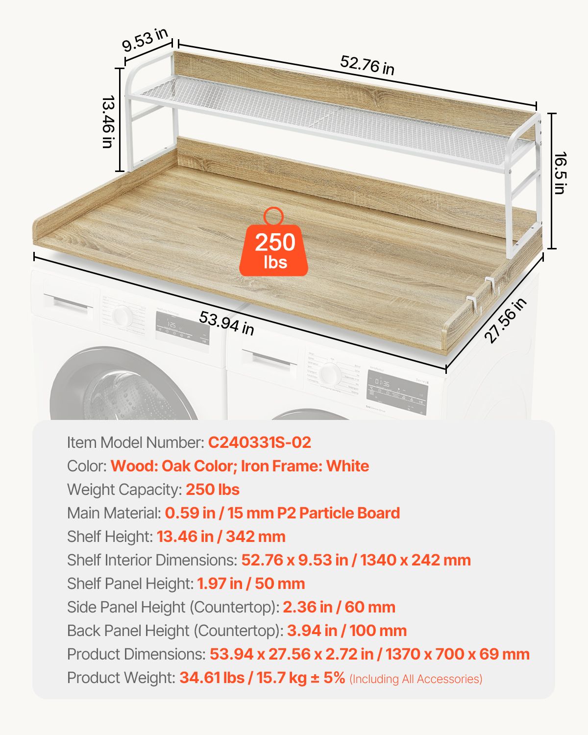 Washer Dryer Countertop with 2-Tier Shelf, 54" x 27" Wooden Washer and Dryer Countertop with Anti-Slip Pads, Water-Resistant Laundry Topper Cover for Laundry Room Organization and Storage, Oak