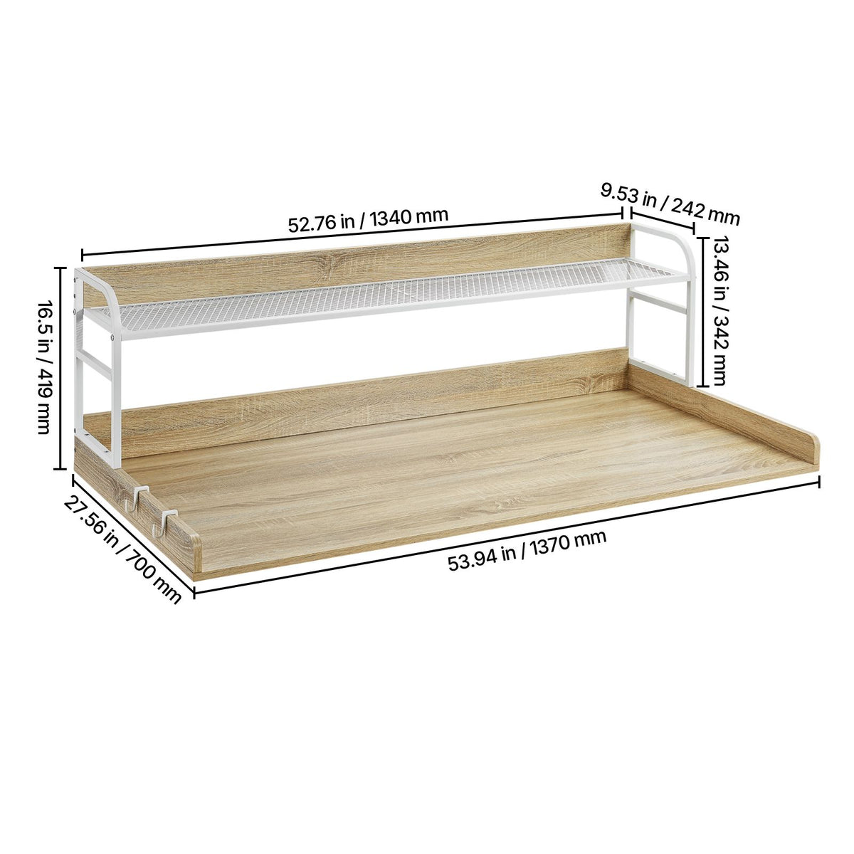 Washer Dryer Countertop with 2-Tier Shelf, 54" x 27" Wooden Washer and Dryer Countertop with Anti-Slip Pads, Water-Resistant Laundry Topper Cover for Laundry Room Organization and Storage, Oak