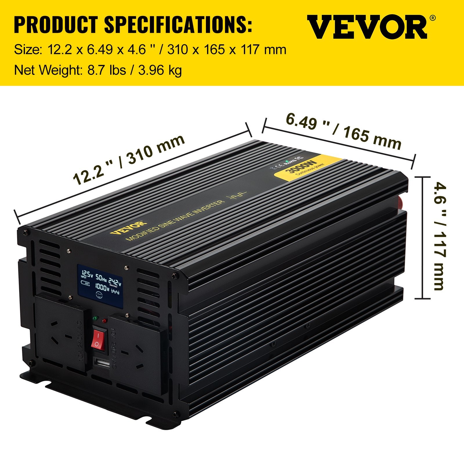 Batteries & Generators: VEVOR Power Inverter Modified Sine Wave Inverter 3000W DC 12V to AC 240V w/LCD