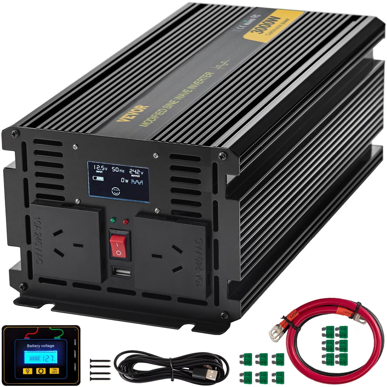 Batteries & Generators: VEVOR Power Inverter Modified Sine Wave Inverter 3000W DC 12V to AC 240V w/LCD