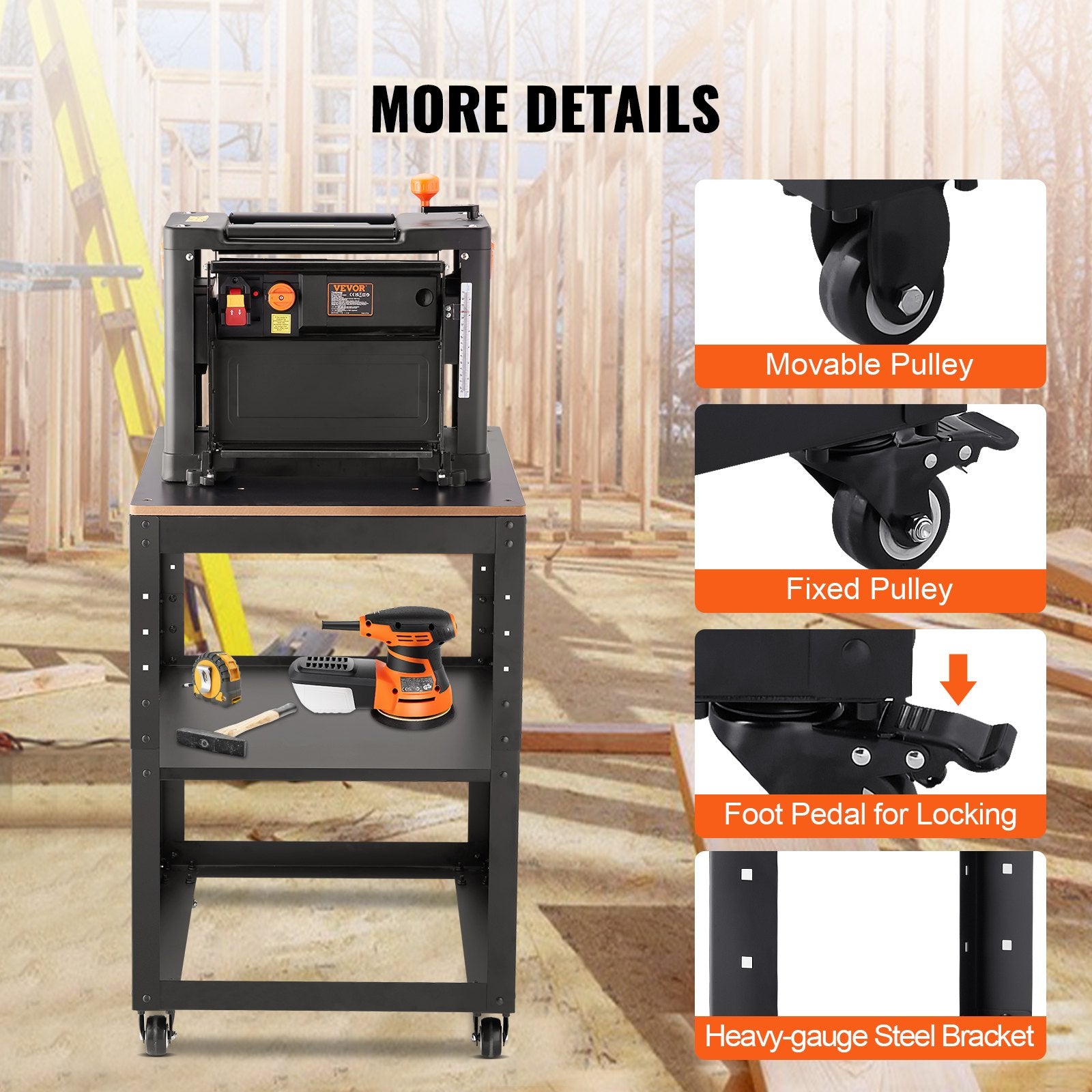 Work Benches: VEVOR Planer Stand, 100 lbs / 45 kg heavy loads, Three-Gear Height Adjustable Thickness Planer Table,with 4 Stable Casters & Storage Space, for most planers, saws, bench-top machines, power tools