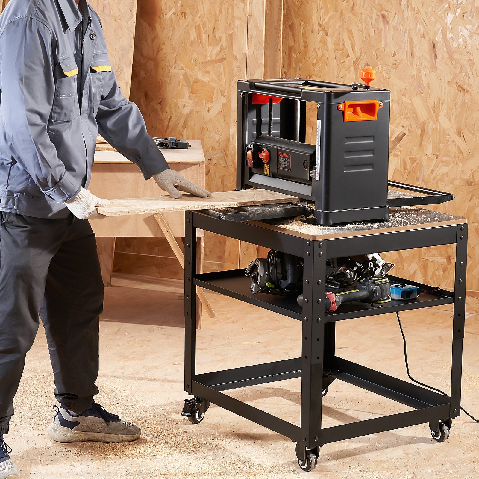 Work Benches: VEVOR Planer Stand, 100 lbs / 45 kg heavy loads, Three-Gear Height Adjustable Thickness Planer Table,with 4 Stable Casters & Storage Space, for most planers, saws, bench-top machines, power tools