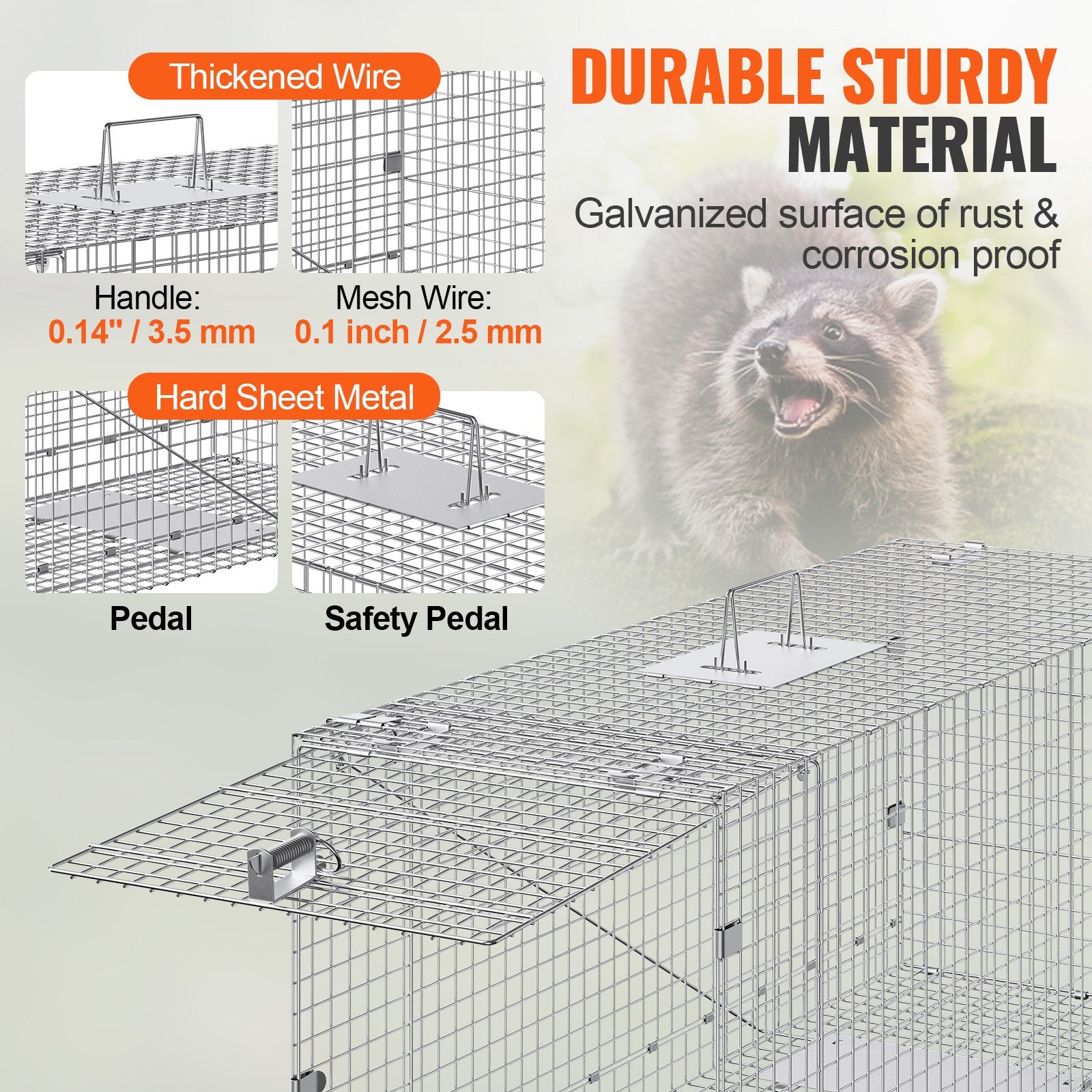 Animal Traps: VEVOR Live Animal Cage Trap, 50" x 20" x 26" Humane Cat Trap Galvanized Iron, Folding Animal Trap with Handle for Stray Dogs, Armadillos, Raccoons, Marmots, Foxes