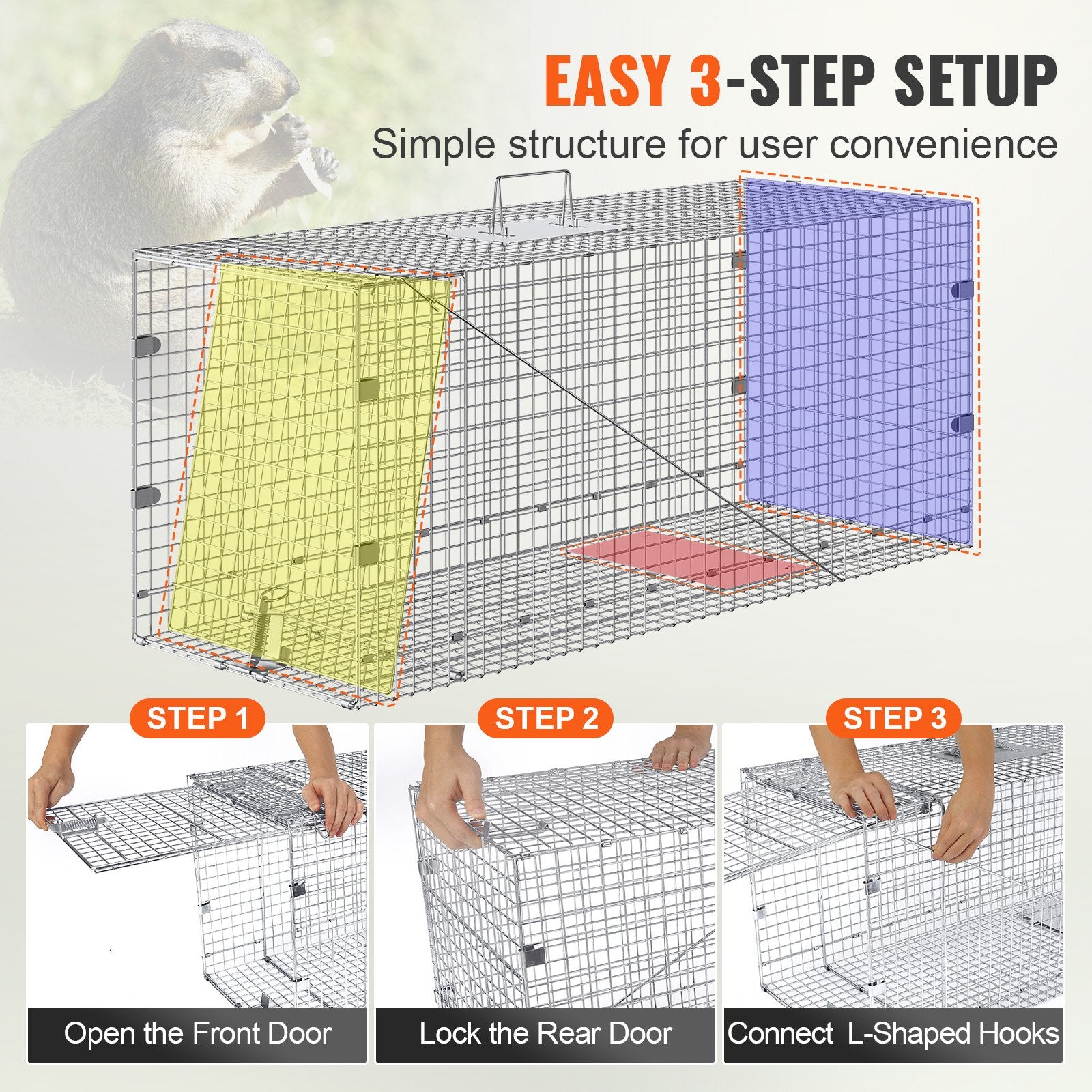 Animal Traps: VEVOR Live Animal Cage Trap, 50" x 20" x 26" Humane Cat Trap Galvanized Iron, Folding Animal Trap with Handle for Stray Dogs, Armadillos, Raccoons, Marmots, Foxes