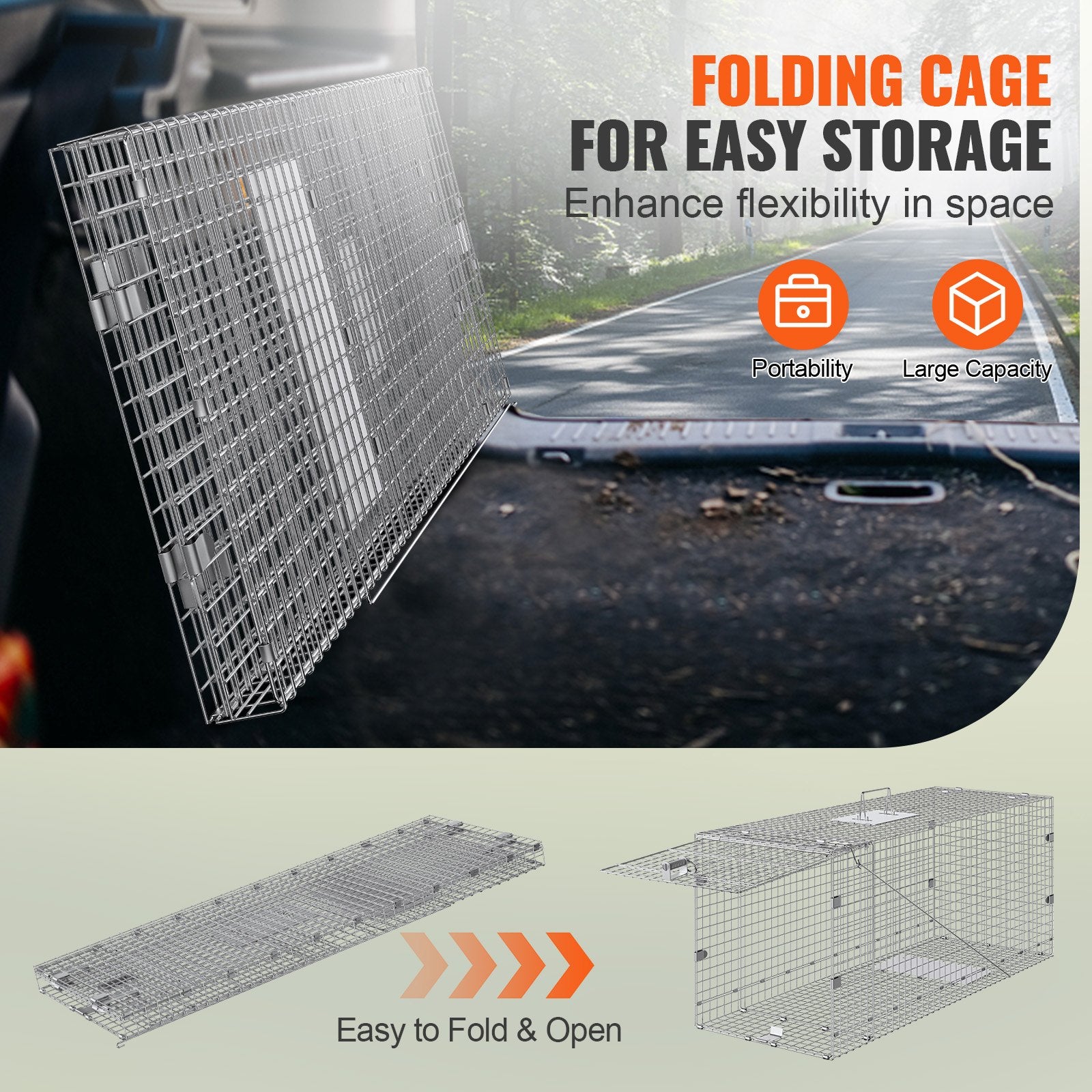 Animal Traps: VEVOR Live Animal Cage Trap, 50" x 20" x 26" Humane Cat Trap Galvanized Iron, Folding Animal Trap with Handle for Stray Dogs, Armadillos, Raccoons, Marmots, Foxes