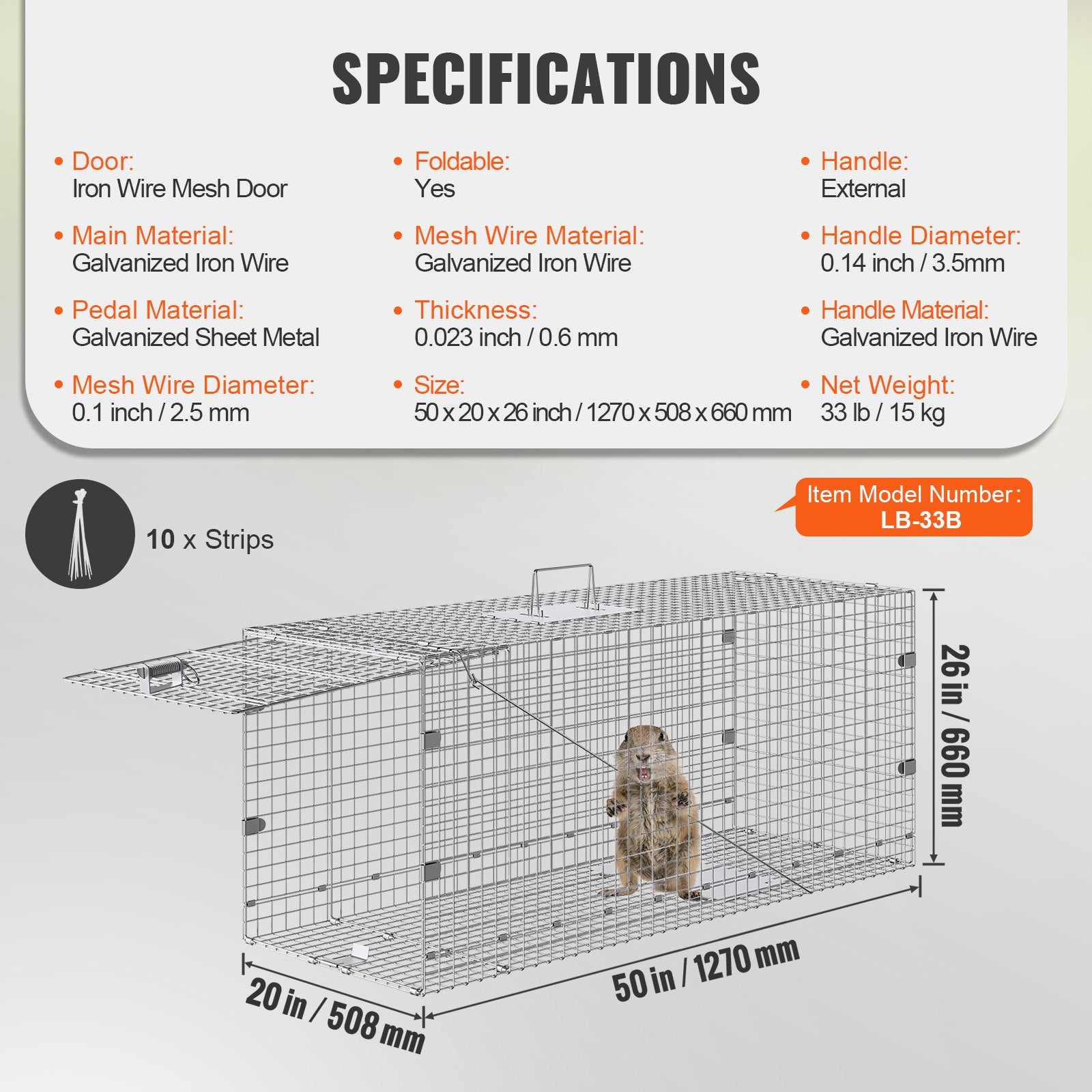 Animal Traps: VEVOR Live Animal Cage Trap, 50" x 20" x 26" Humane Cat Trap Galvanized Iron, Folding Animal Trap with Handle for Stray Dogs, Armadillos, Raccoons, Marmots, Foxes