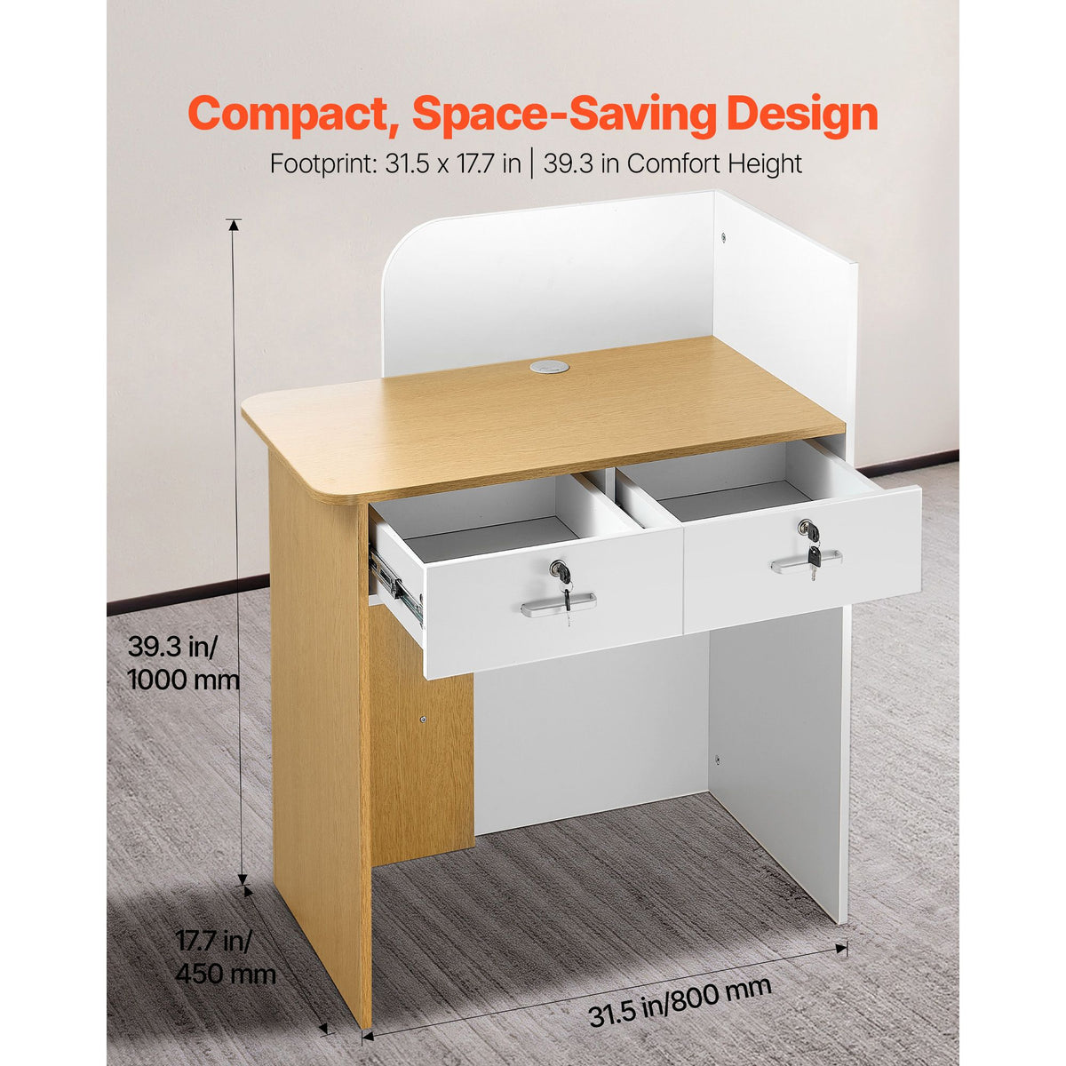 Reception Desk, 80 cm Rectangular Front Counter Table, Modern Office Reception Desk with LED Light, 2 Drawers & Power Outlets, Retail Counter Table for Checkout, Lobby, Beauty Salon, Office