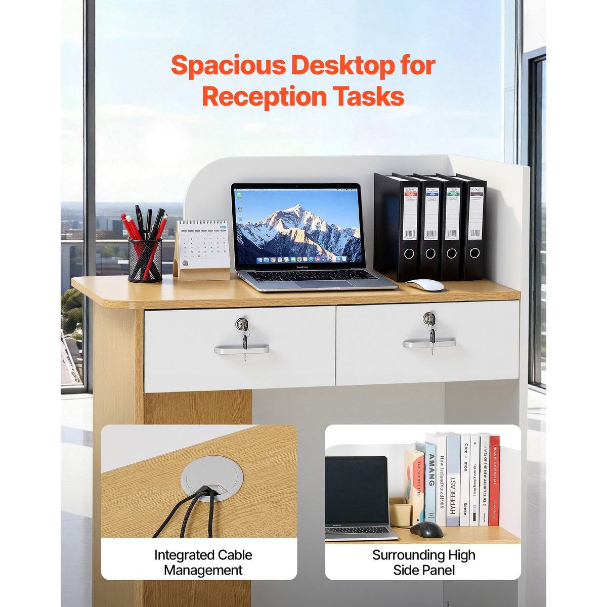 Reception Desk, 80 cm Rectangular Front Counter Table, Modern Office Reception Desk with LED Light, 2 Drawers & Power Outlets, Retail Counter Table for Checkout, Lobby, Beauty Salon, Office