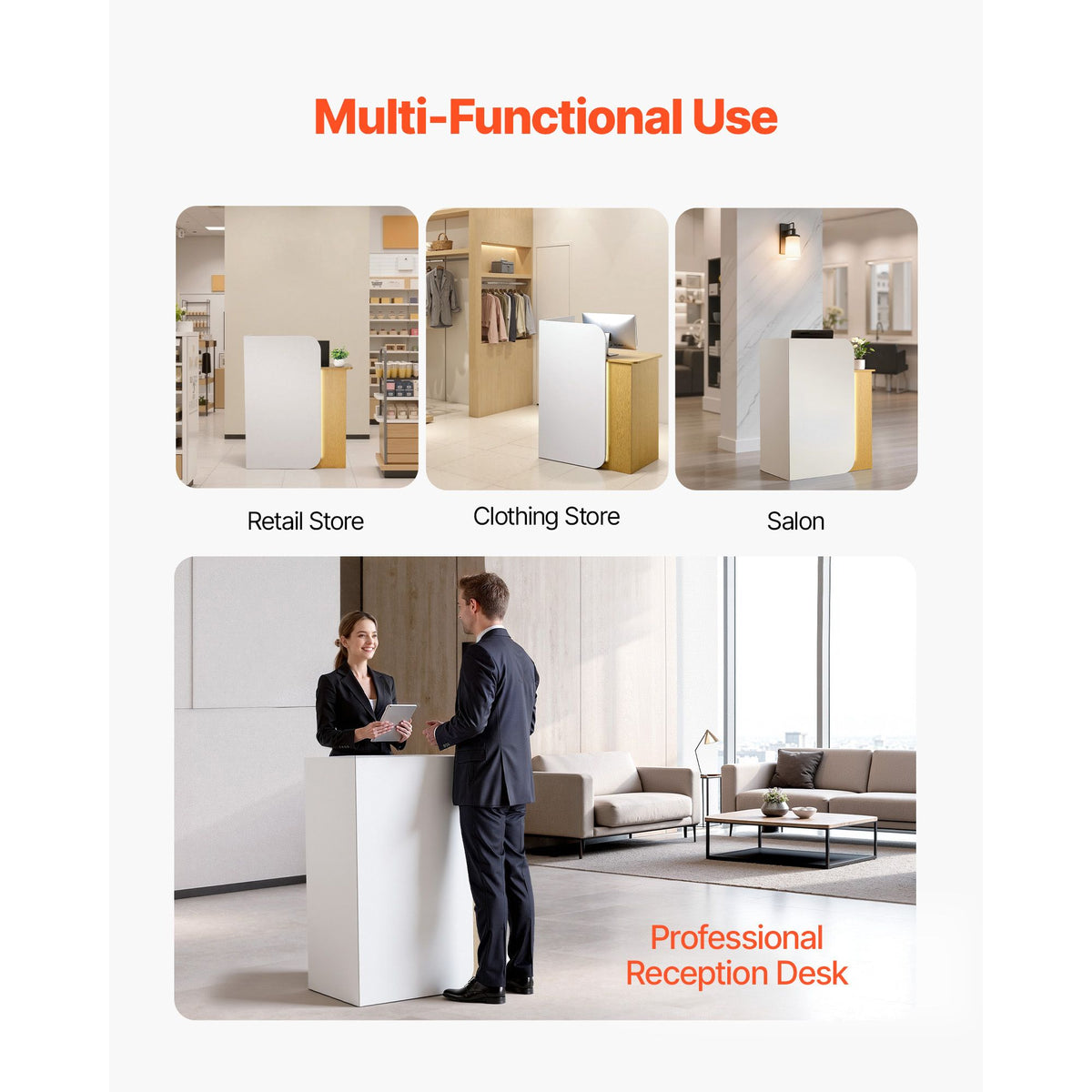 Reception Desk, 80 cm Rectangular Front Counter Table, Modern Office Reception Desk with LED Light, 2 Drawers & Power Outlets, Retail Counter Table for Checkout, Lobby, Beauty Salon, Office