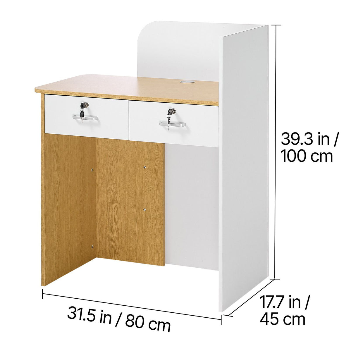Reception Desk, 80 cm Rectangular Front Counter Table, Modern Office Reception Desk with LED Light, 2 Drawers & Power Outlets, Retail Counter Table for Checkout, Lobby, Beauty Salon, Office