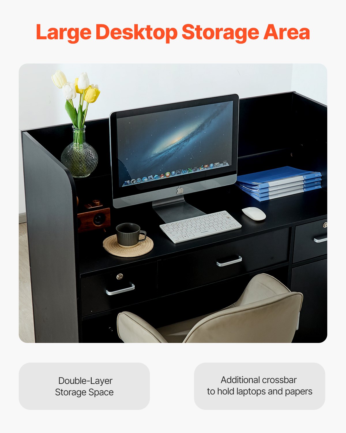 Calendars, Organisers & Planners: VEVOR Reception Desk, 1200 x 480 x 1100 mm Rectangular Front Counter Table, Office Reception Counter with Lockable Drawer and Storage Cabinet, for Checkout, Lobby, Beauty Salon and Office, Black