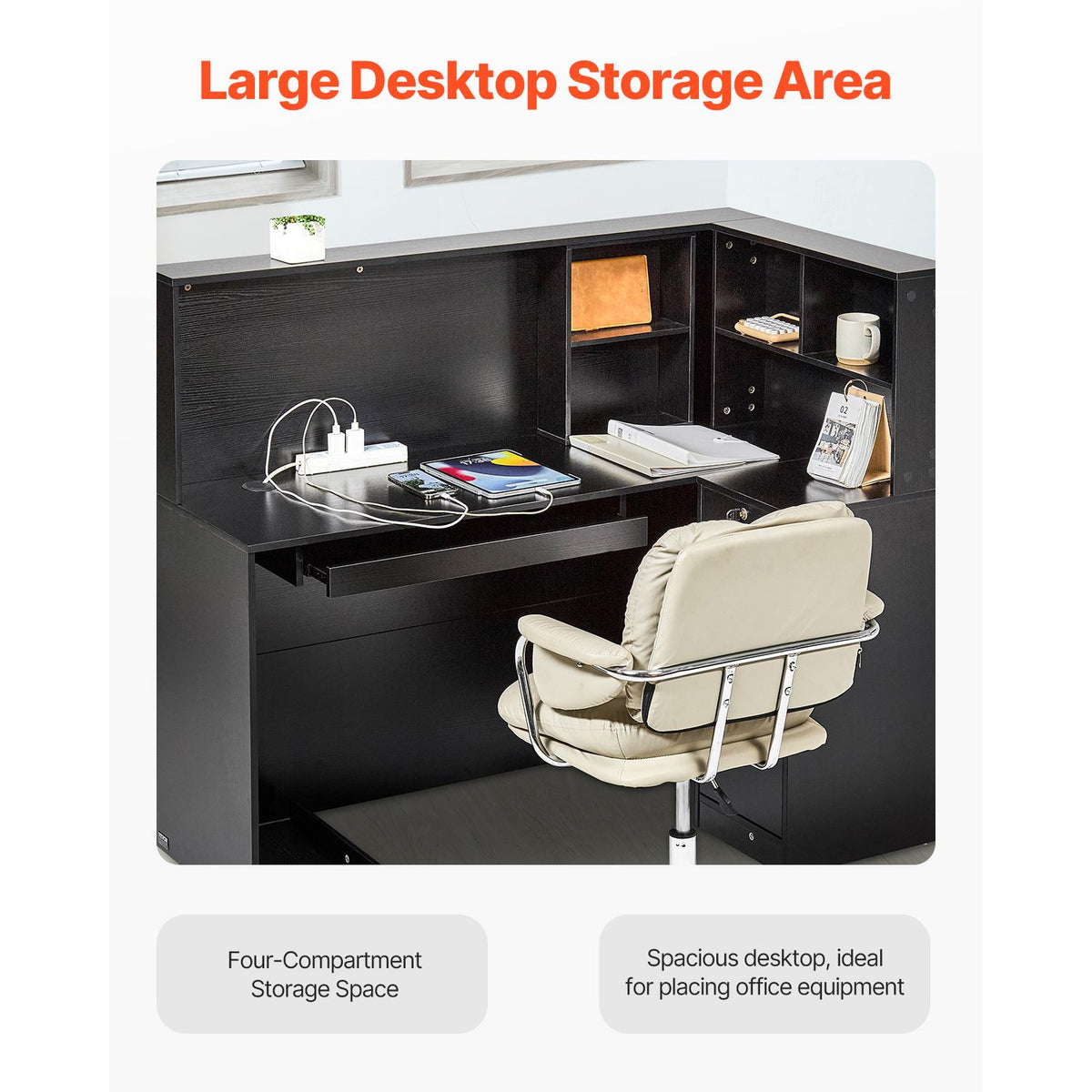Reception Desk, 1400 x 800 x 1200 mm L-Shaped Front Counter Table, Office Reception Counter with Drawer Keyboard Tray and Storage Cabinet, for Checkout, Lobby, Beauty Salon & Office, Black
