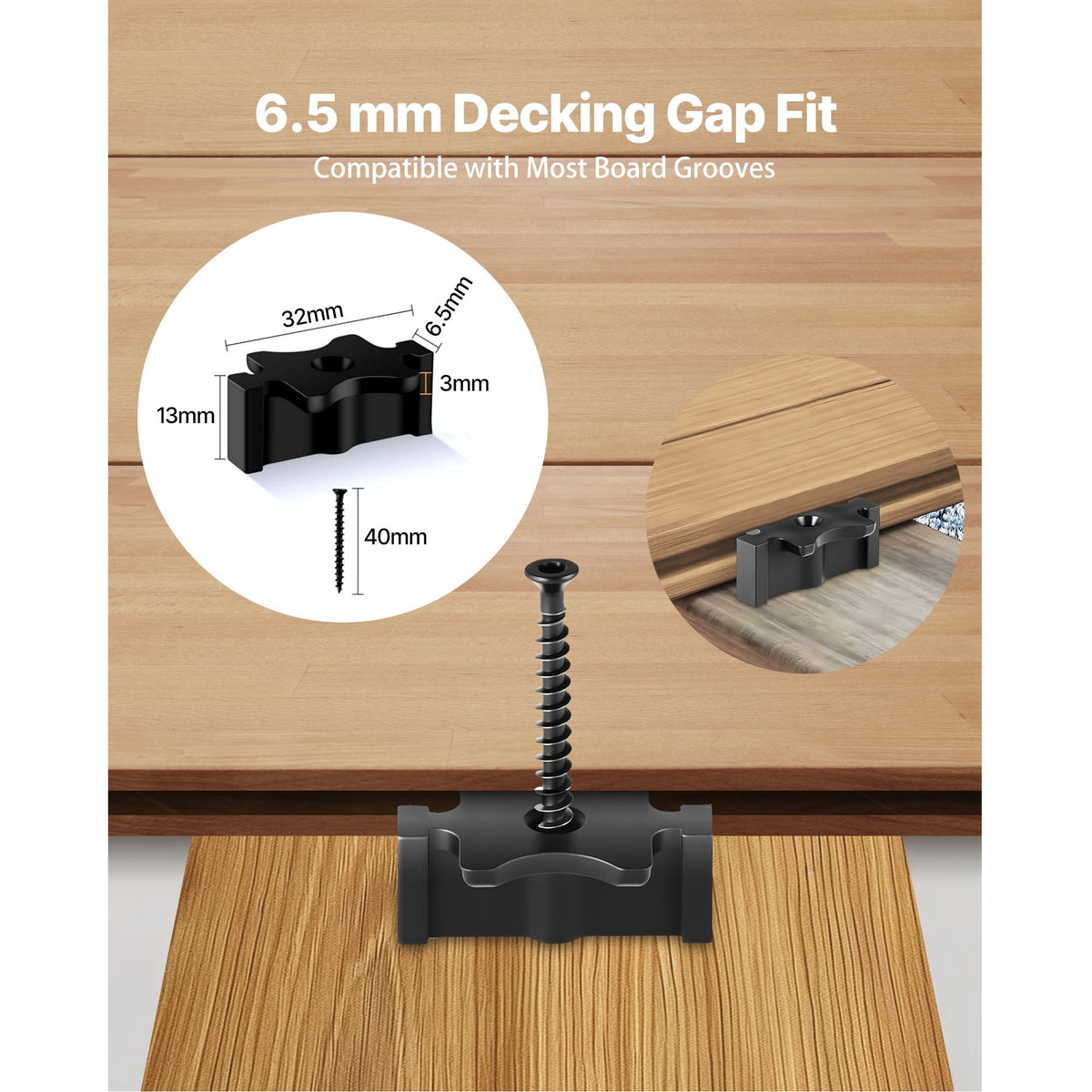 500PCS Hidden Deck Fasteners for Composite Decking Board, Universal Composite T Clips & Plastic Hidden Fasteners with Metal Screws,Polypropylene PP Clips Works with 6.5 mm Gaps, Black