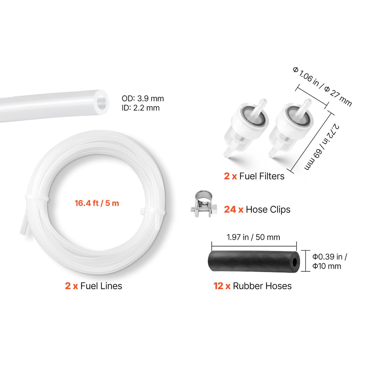 Fuel Pipe Hose Line Kit, 5000mm Diesel Heater Fuel Line Kit, Replaceable Parking Heater Fuels Lines Kits with Lines Filters Clips & Hoses, Tank Diesel Heater Accessories for 2KW 5KW 8KW Heaters
