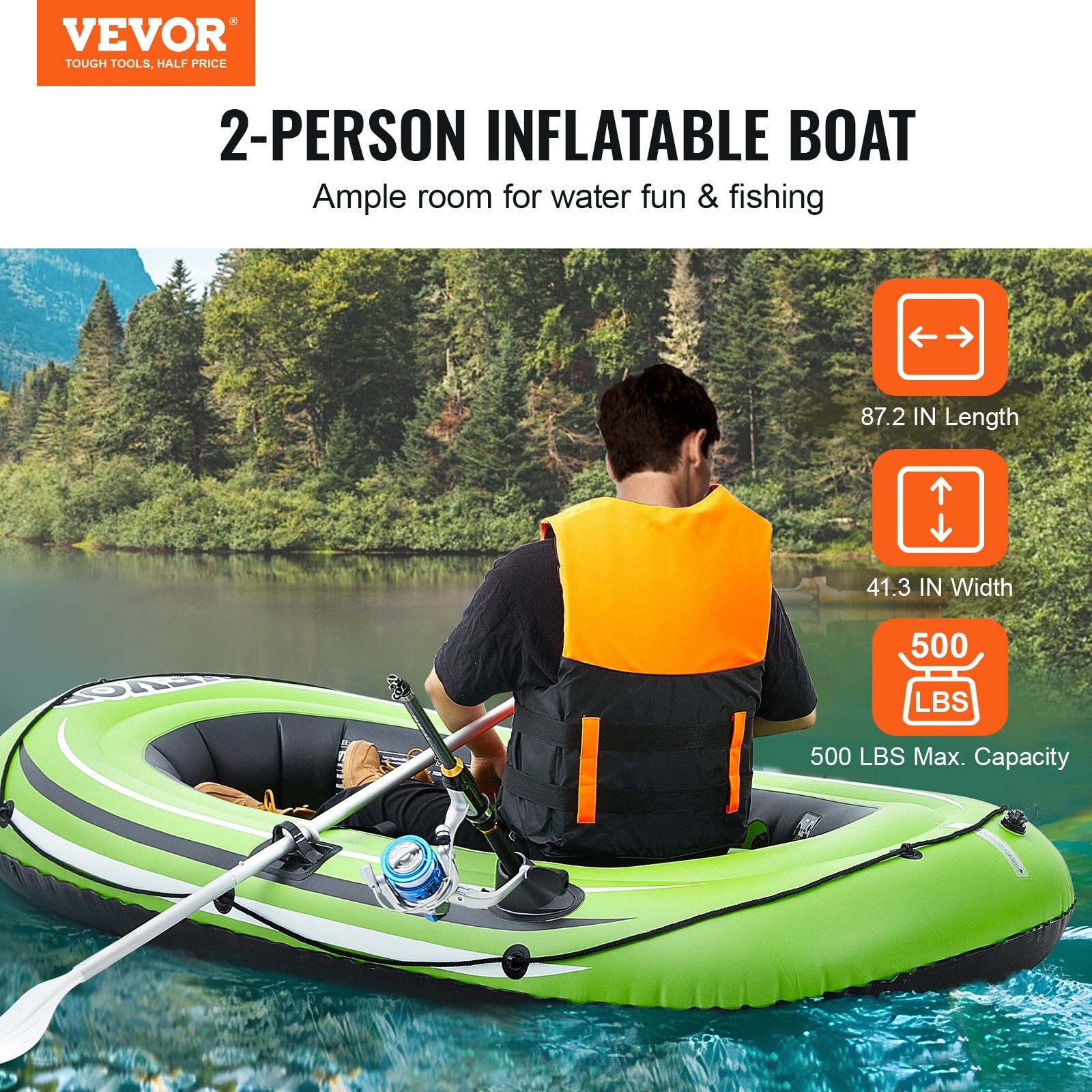 Boating Accessories: VEVOR Inflatable Boat, 2-Person Inflatable Fishing Boat, Strong PVC Portable Boat Raft Kayak, Includes 1158 mm Aluminum Oars, High-Output Pump and Fishing Rod Holders, 227 kg Capacity for Adults, Kids