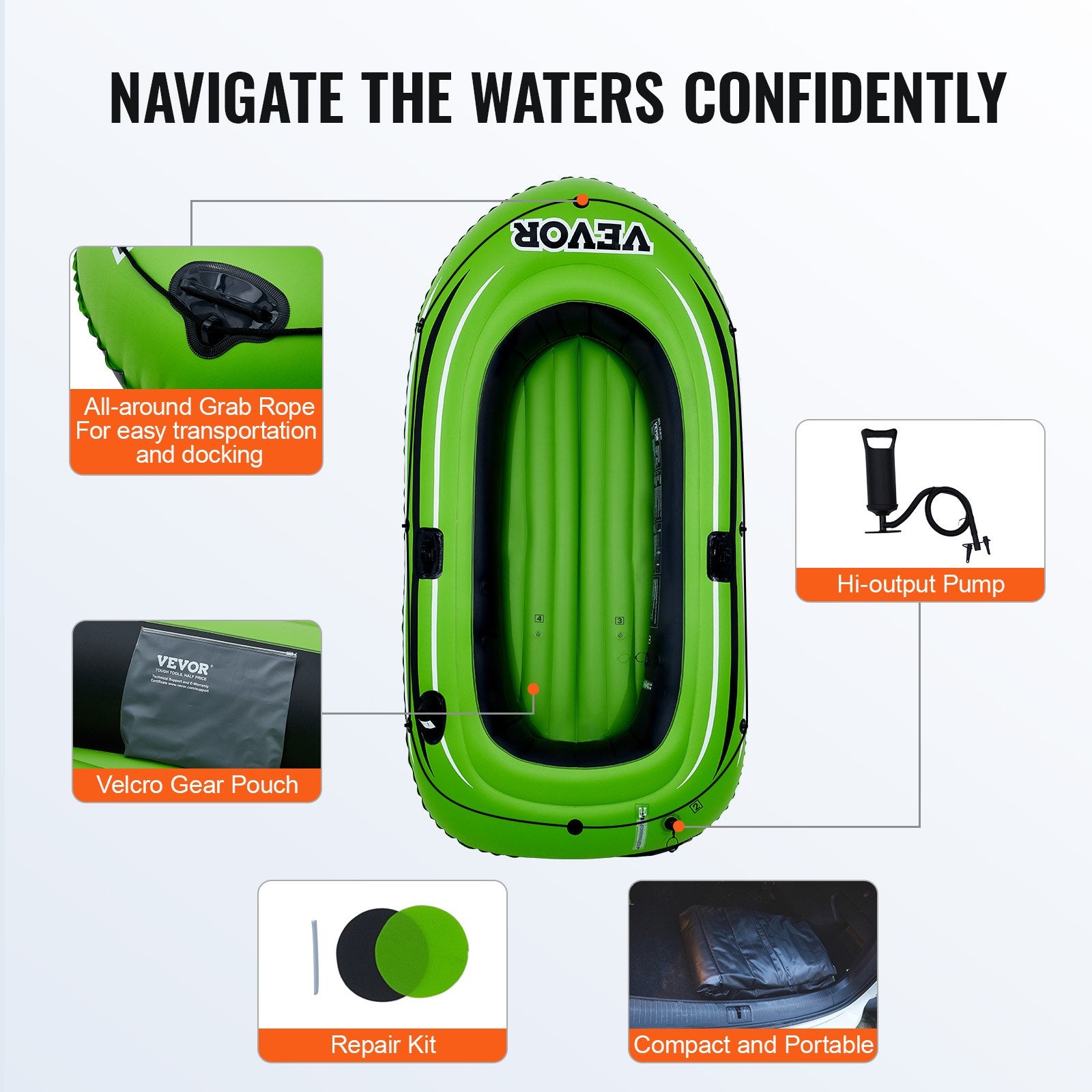 Boating Accessories: VEVOR Inflatable Boat, 2-Person Inflatable Fishing Boat, Strong PVC Portable Boat Raft Kayak, Includes 1158 mm Aluminum Oars, High-Output Pump and Fishing Rod Holders, 227 kg Capacity for Adults, Kids