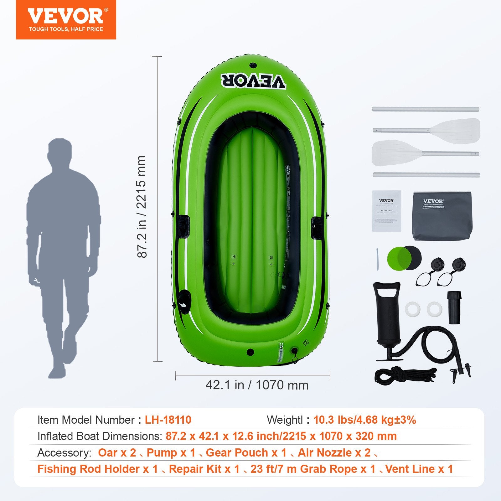 Boating Accessories: VEVOR Inflatable Boat, 2-Person Inflatable Fishing Boat, Strong PVC Portable Boat Raft Kayak, Includes 1158 mm Aluminum Oars, High-Output Pump and Fishing Rod Holders, 227 kg Capacity for Adults, Kids