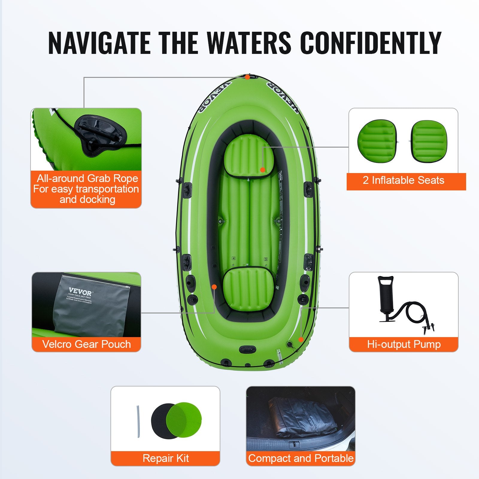 Boating Accessories: VEVOR Inflatable Boat, 4-Person Inflatable Fishing Boat, Strong PVC Portable Boat Raft Kayak, 1158mm Aluminum Oars, High-Output Pump, Fishing Rod Holders, and 2 Seats, 1100 lb Capacity for Adults Kids