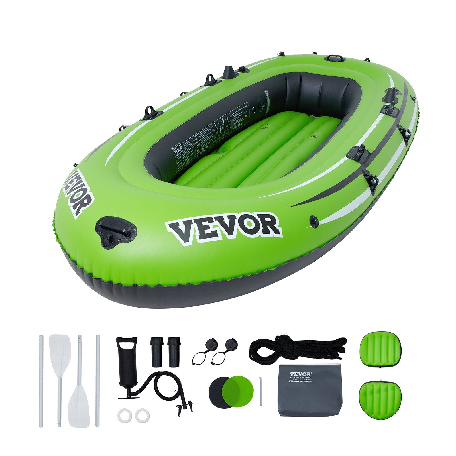 Boating Accessories: VEVOR Inflatable Boat, 4-Person Inflatable Fishing Boat, Strong PVC Portable Boat Raft Kayak, 1158mm Aluminum Oars, High-Output Pump, Fishing Rod Holders, and 2 Seats, 1100 lb Capacity for Adults Kids