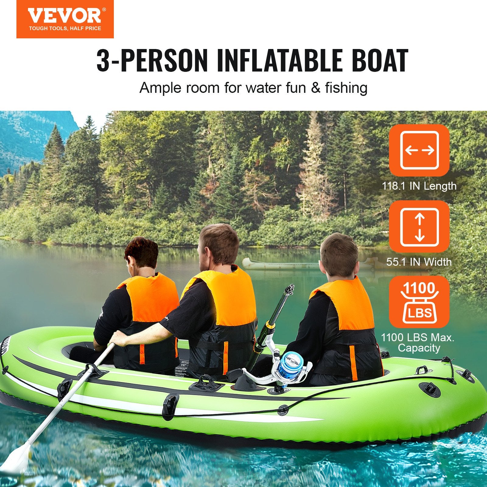 Boating Accessories: VEVOR Inflatable Boat, 5-Person Inflatable Fishing Boat, PVC Portable Boat Raft Kayak, 1158 mm Aluminum Oars, High-Output Pump, Fishing Rod Holders, and 2 Seats, 1100 lb Capacity for Adults, Kids