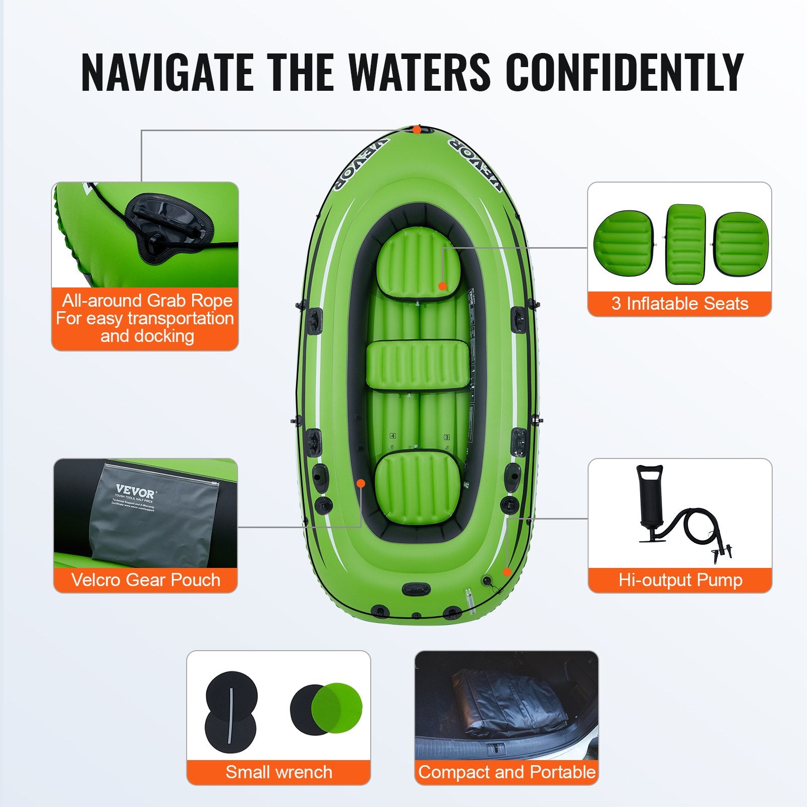 Boating Accessories: VEVOR Inflatable Boat, 5-Person Inflatable Fishing Boat, PVC Portable Boat Raft Kayak, 1158 mm Aluminum Oars, High-Output Pump, Fishing Rod Holders, and 2 Seats, 1100 lb Capacity for Adults, Kids