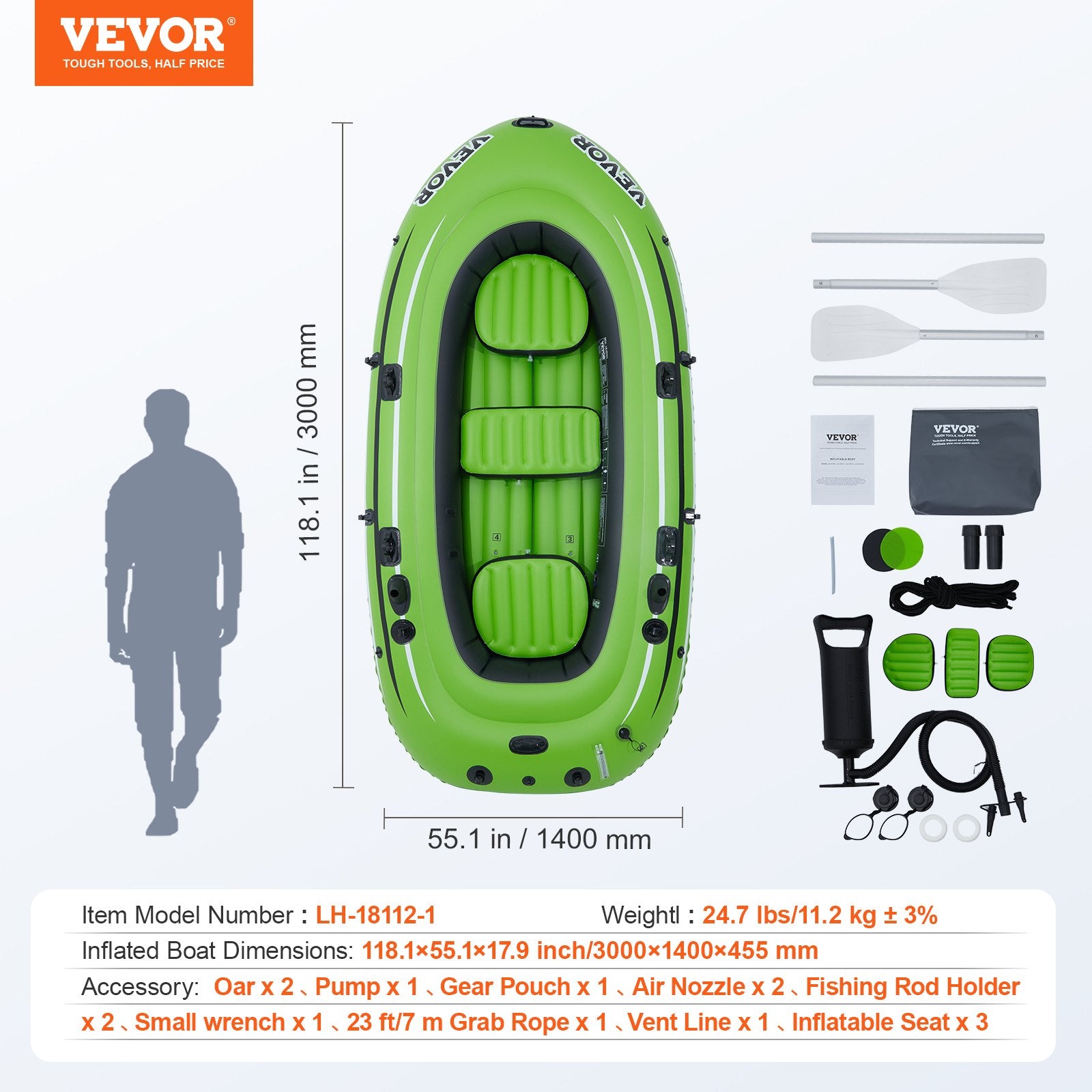 Boating Accessories: VEVOR Inflatable Boat, 5-Person Inflatable Fishing Boat, PVC Portable Boat Raft Kayak, 1158 mm Aluminum Oars, High-Output Pump, Fishing Rod Holders, and 2 Seats, 1100 lb Capacity for Adults, Kids